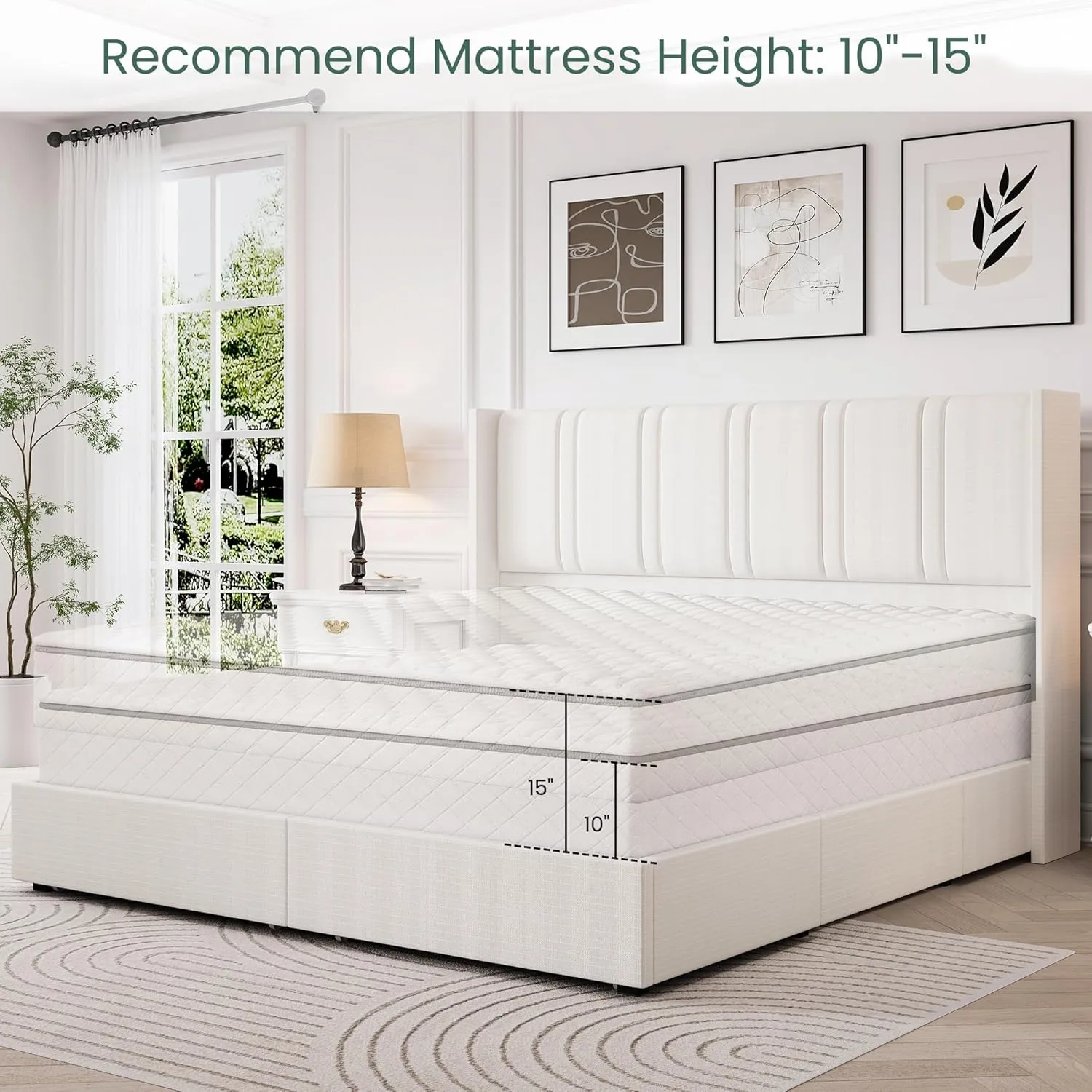 King Size Bed Frame with 4 Storage Drawers and Wingback Headboard Linen Upholstered Platform Bed Frame with Wooden Slats, Easy Assembly, White