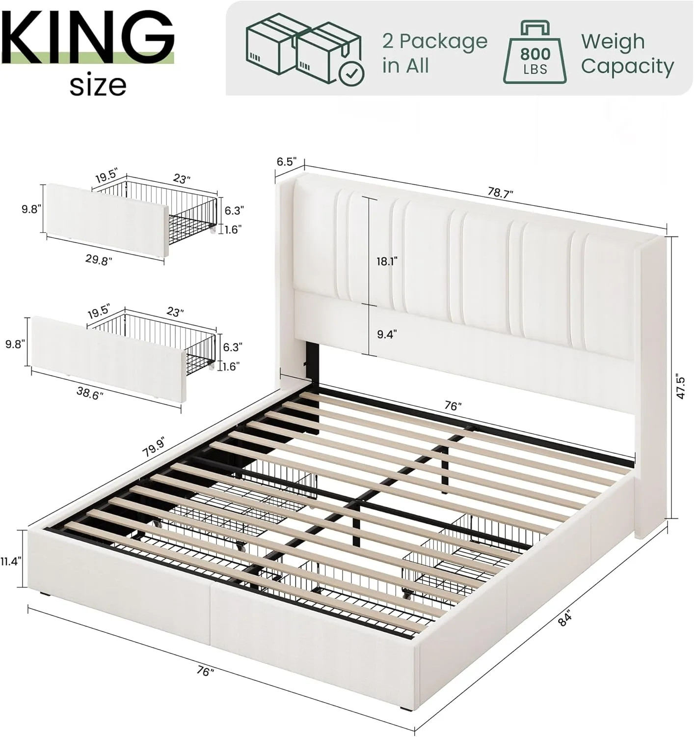 King Size Bed Frame with 4 Storage Drawers and Wingback Headboard Linen Upholstered Platform Bed Frame with Wooden Slats, Easy Assembly, White