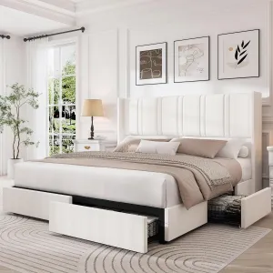 King Size Bed Frame with 4 Storage Drawers and Wingback Headboard Linen Upholstered Platform Bed Frame with Wooden Slats, Easy Assembly, White