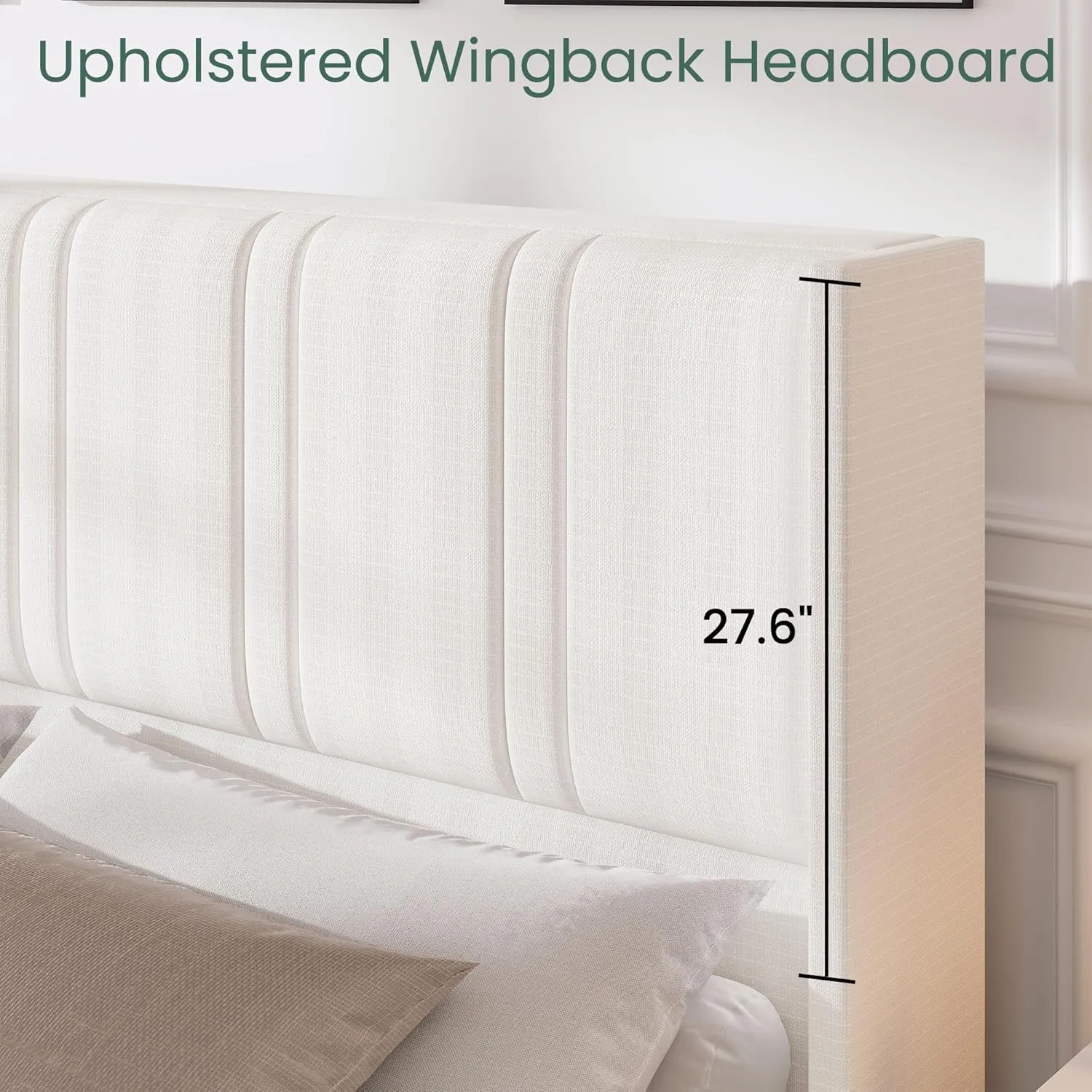 King Size Bed Frame with 4 Storage Drawers and Wingback Headboard Linen Upholstered Platform Bed Frame with Wooden Slats, Easy Assembly, White