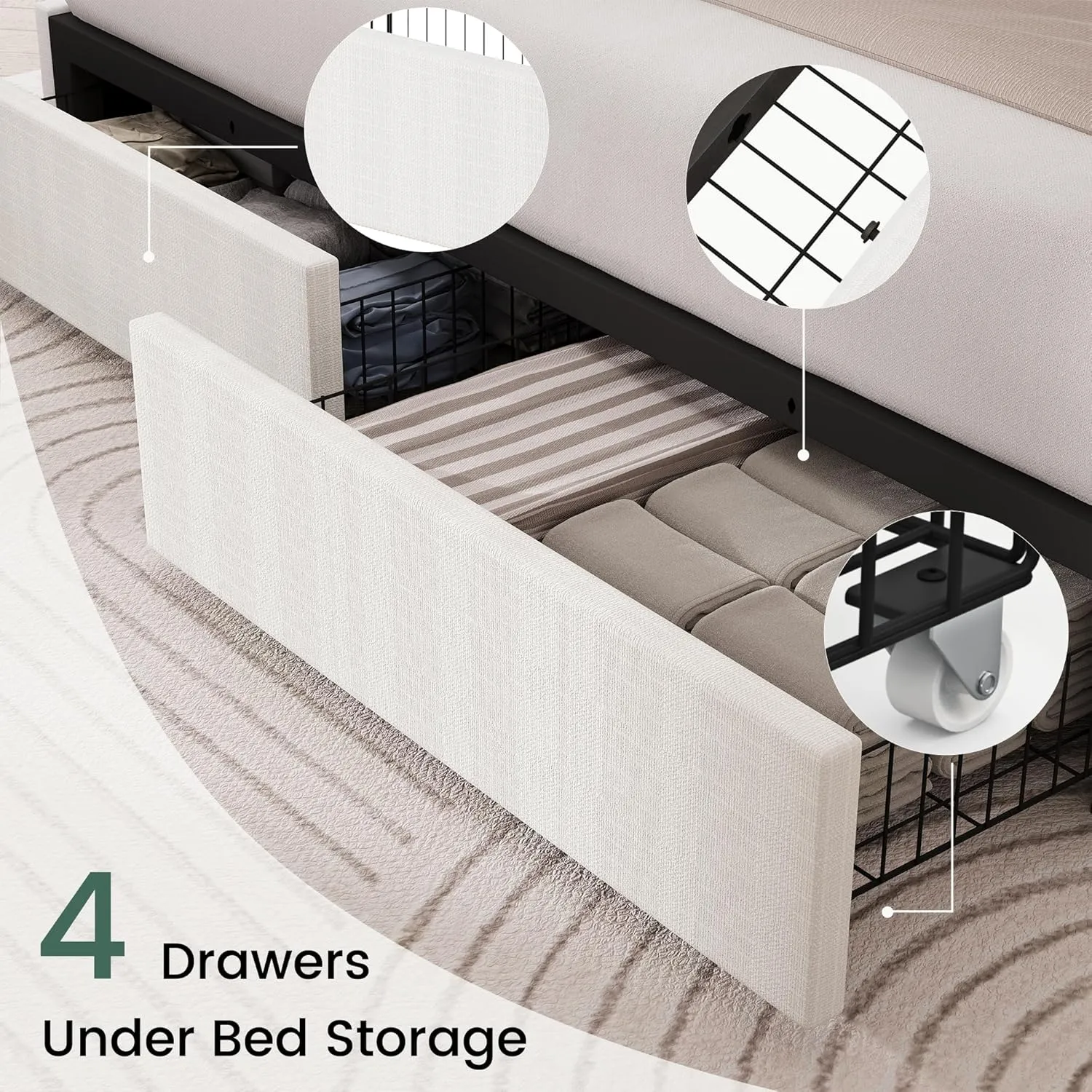 King Size Bed Frame with 4 Storage Drawers and Wingback Headboard Linen Upholstered Platform Bed Frame with Wooden Slats, Easy Assembly, White