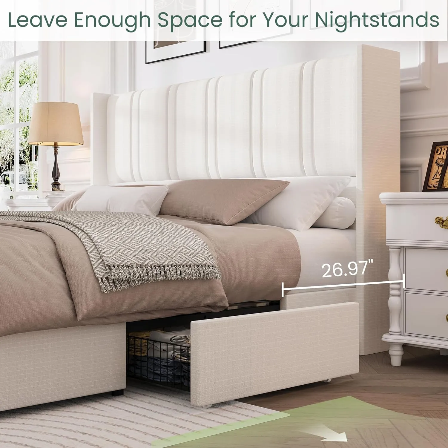 King Size Bed Frame with 4 Storage Drawers and Wingback Headboard Linen Upholstered Platform Bed Frame with Wooden Slats, Easy Assembly, White