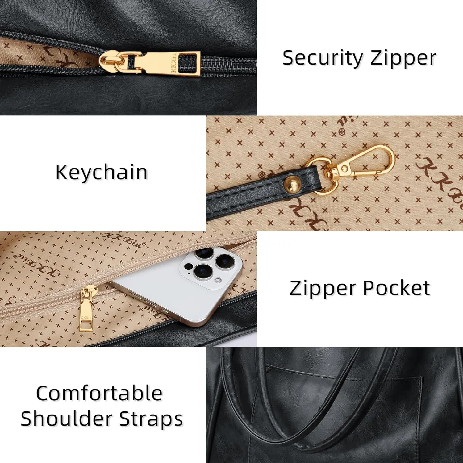 KKXIU Large Tote Bag for Women with Zipper Work Leather Travel Purse and Handbags