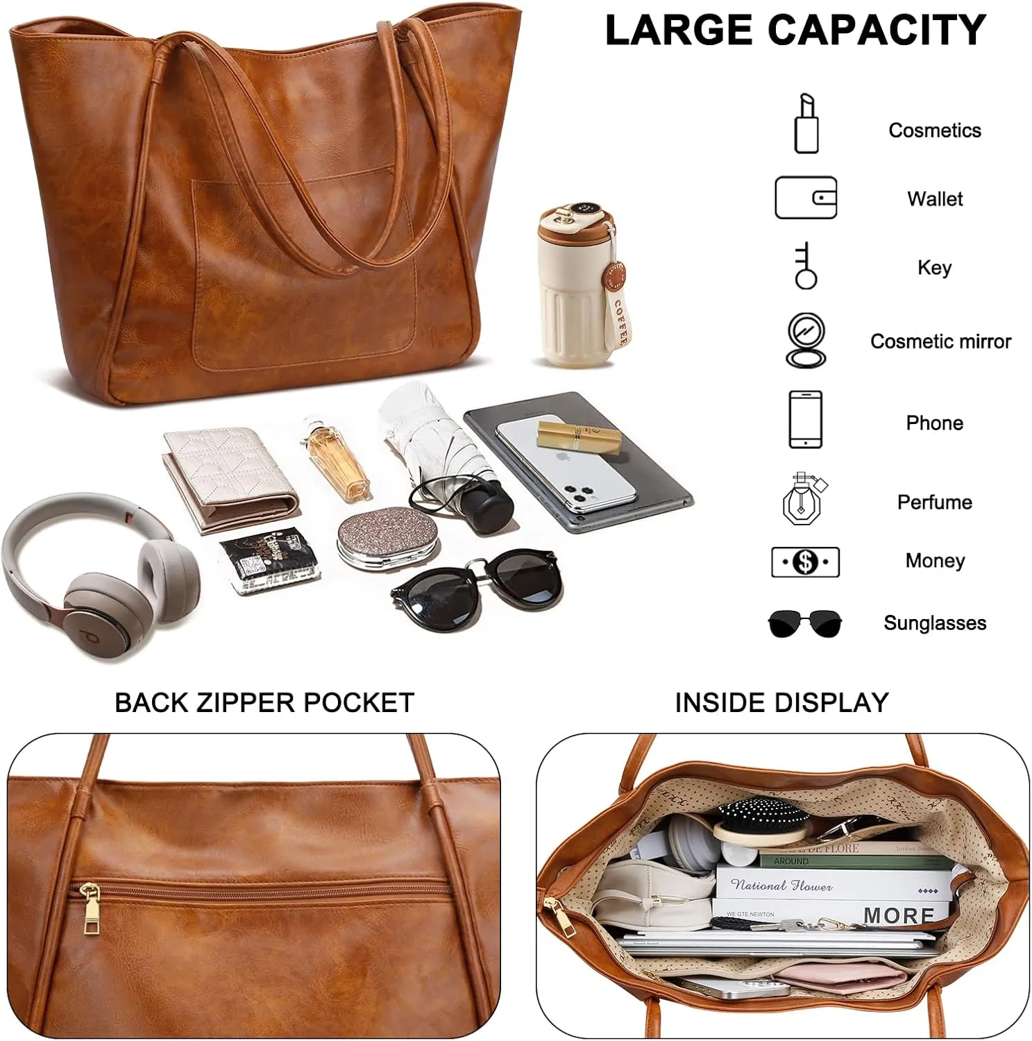 KKXIU Large Tote Bag for Women with Zipper Work Leather Travel Purse and Handbags