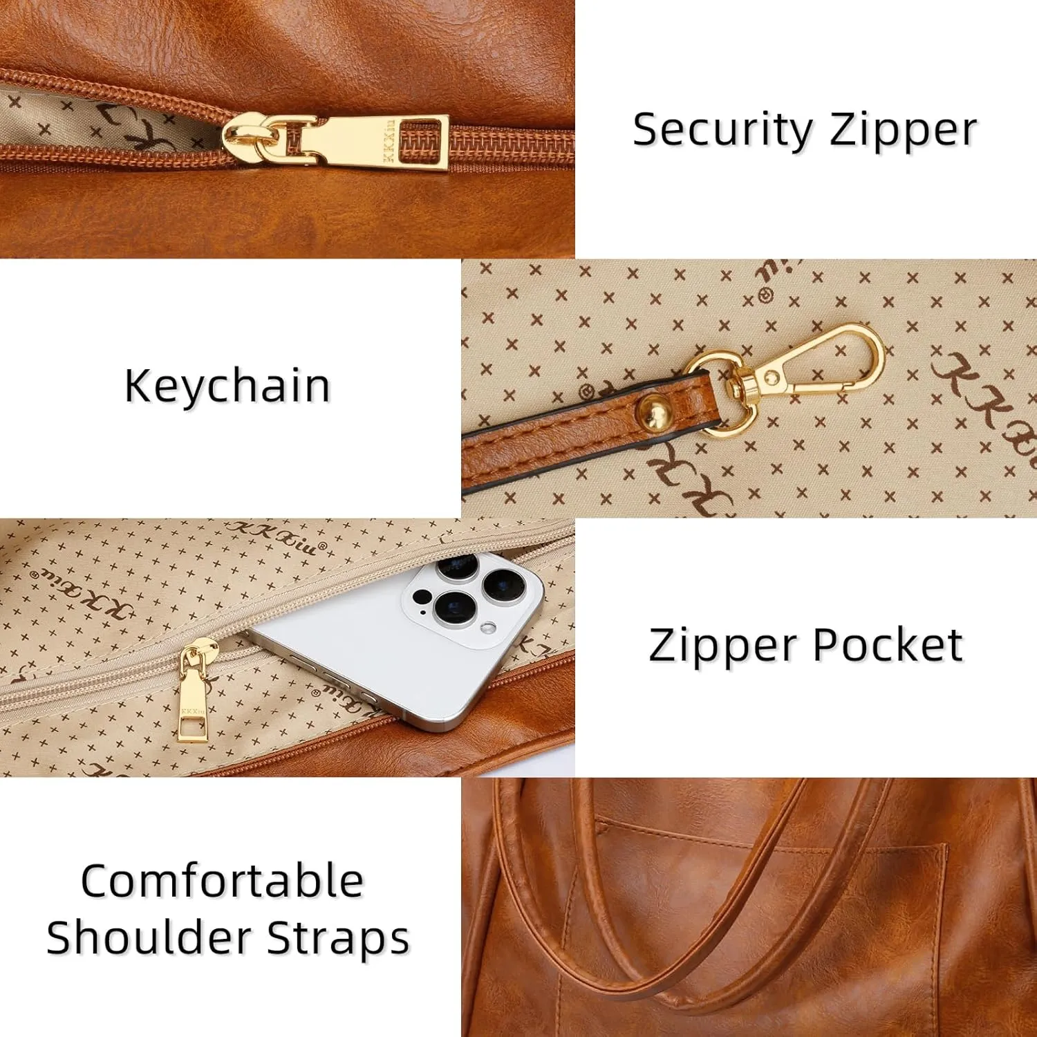 KKXIU Large Tote Bag for Women with Zipper Work Leather Travel Purse and Handbags