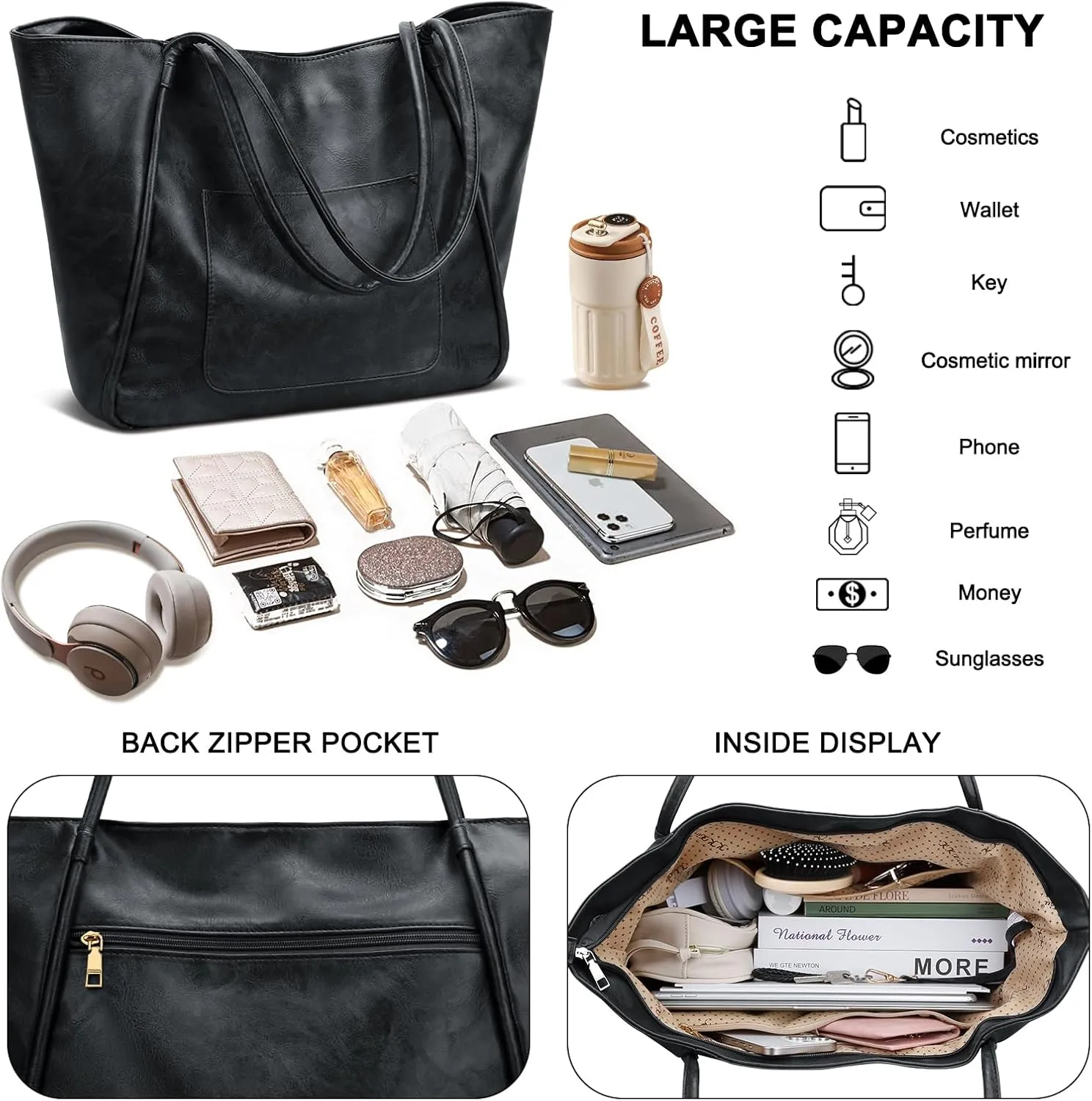 KKXIU Large Tote Bag for Women with Zipper Work Leather Travel Purse and Handbags