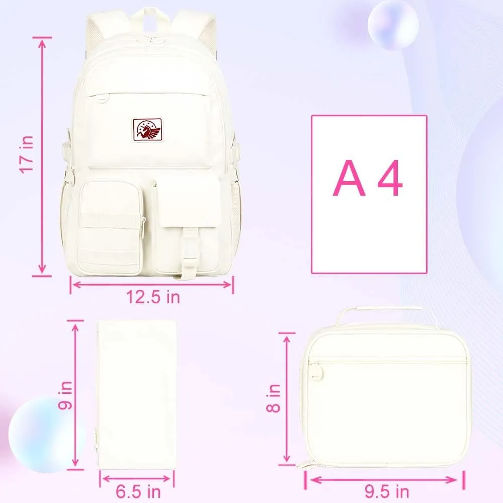 KLFVB Girls Bookbag, 15.6 Inch Cute Aesthetic School Backpacks, Water Resistant Anti Theft College Bookbag for Women Teens Primary Students - Beige