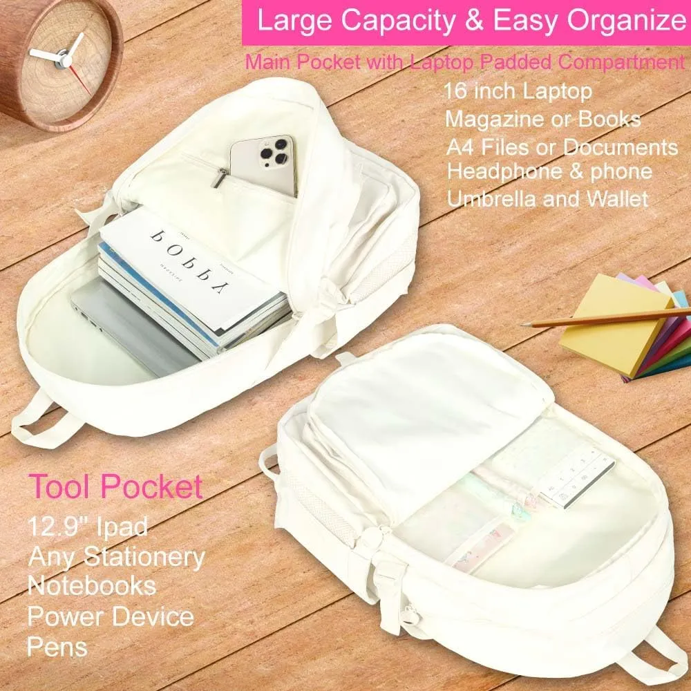 KLFVB Girls Bookbag, 15.6 Inch Cute Aesthetic School Backpacks, Water Resistant Anti Theft College Bookbag for Women Teens Primary Students - Beige