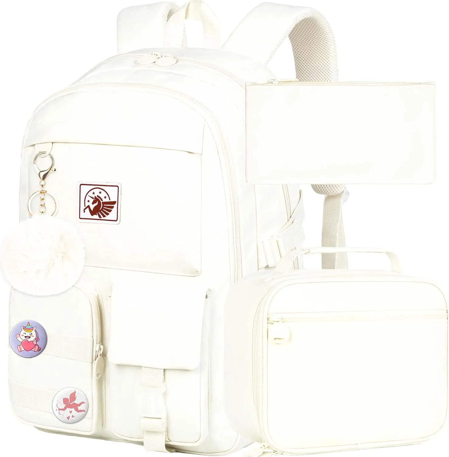 KLFVB Girls Bookbag, 15.6 Inch Cute Aesthetic School Backpacks, Water Resistant Anti Theft College Bookbag for Women Teens Primary Students - Beige