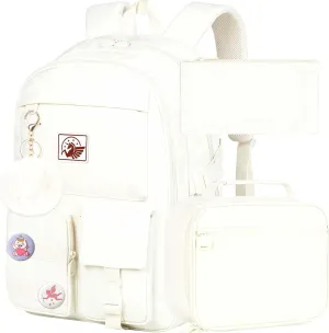 KLFVB Girls Bookbag, 15.6 Inch Cute Aesthetic School Backpacks, Water Resistant Anti Theft College Bookbag for Women Teens Primary Students - Beige