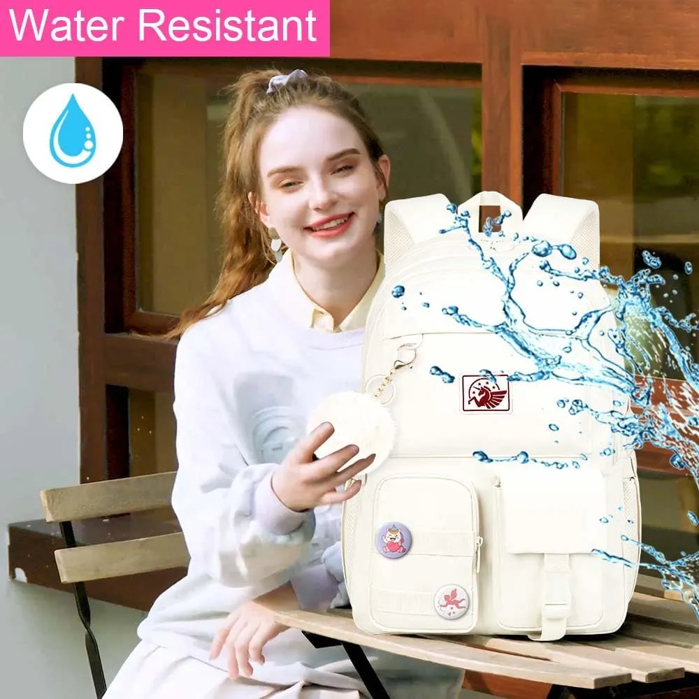 KLFVB Girls Bookbag, 15.6 Inch Cute Aesthetic School Backpacks, Water Resistant Anti Theft College Bookbag for Women Teens Primary Students - Beige