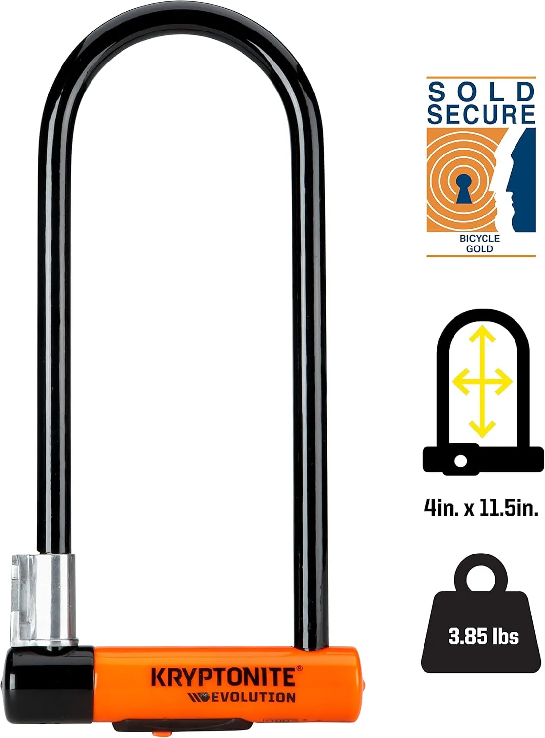 Kryptonite Evolution Long Shackle Bike U-Lock, Anti-Theft Security, 14mm Steel Shackle with Mounting Bracket and Keys, High Security for Bicycles Scooters,Black