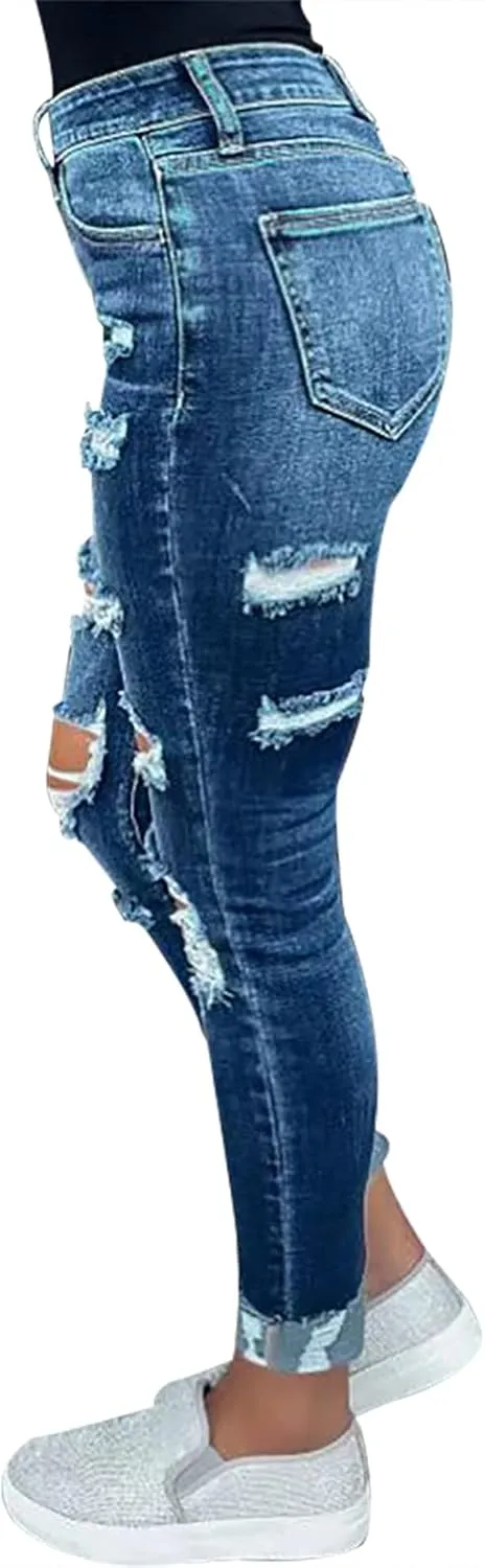 KUNMI Women's Ripped Mid Waisted Boyfriend Jeans Loose Fit Distressed Stretchy Denim Pants