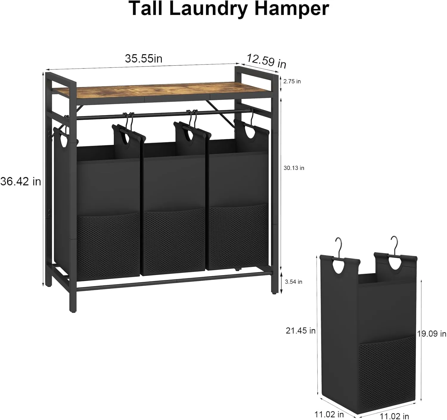 LAATOOREE Tall Laundry Hamper with Top Shelf, Laundry Basket with 3 Removable Laundry Sorter Bags, 3 Compartment Clothes Hamper for Laundry Room, Bedroom
