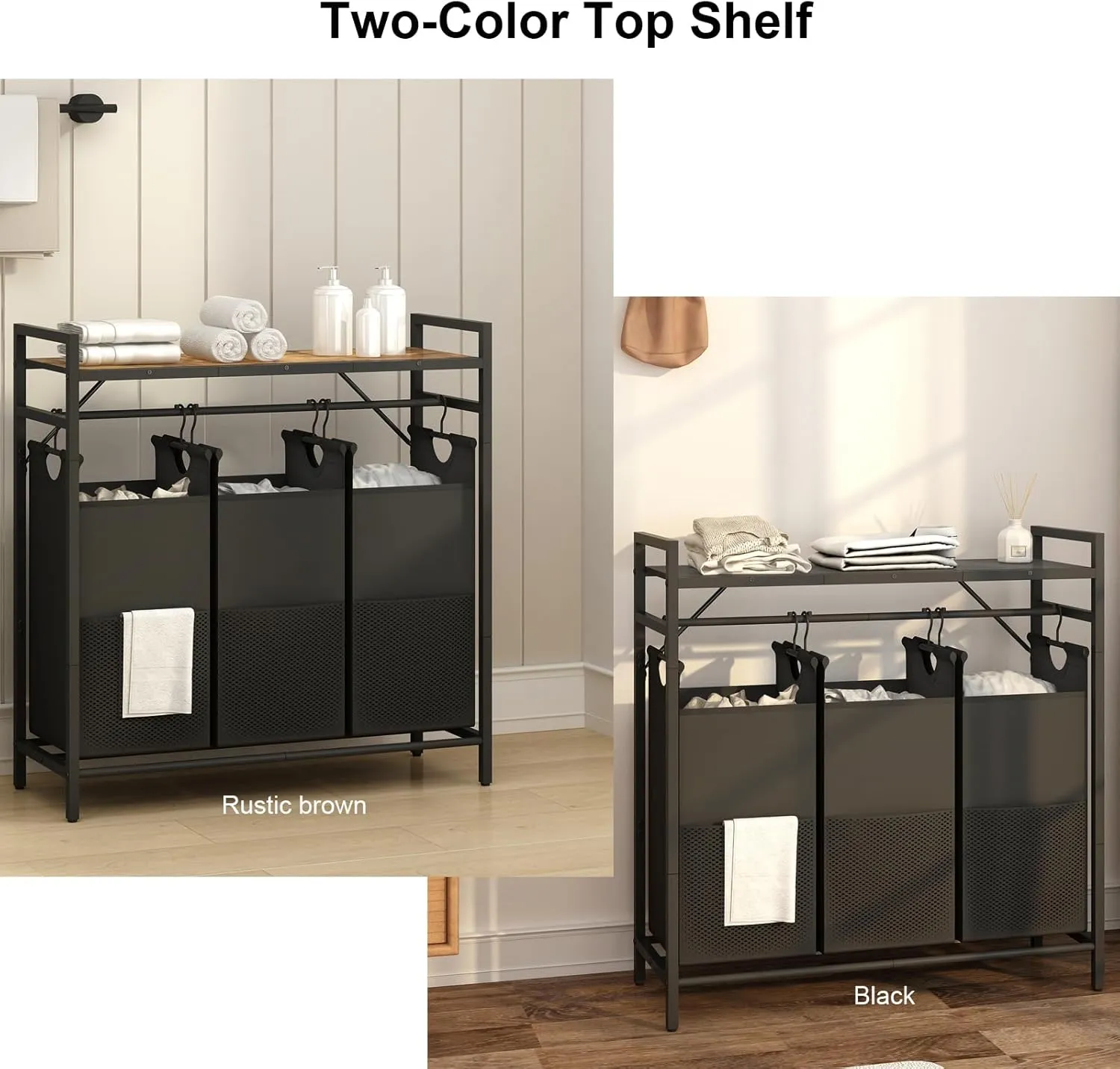 LAATOOREE Tall Laundry Hamper with Top Shelf, Laundry Basket with 3 Removable Laundry Sorter Bags, 3 Compartment Clothes Hamper for Laundry Room, Bedroom