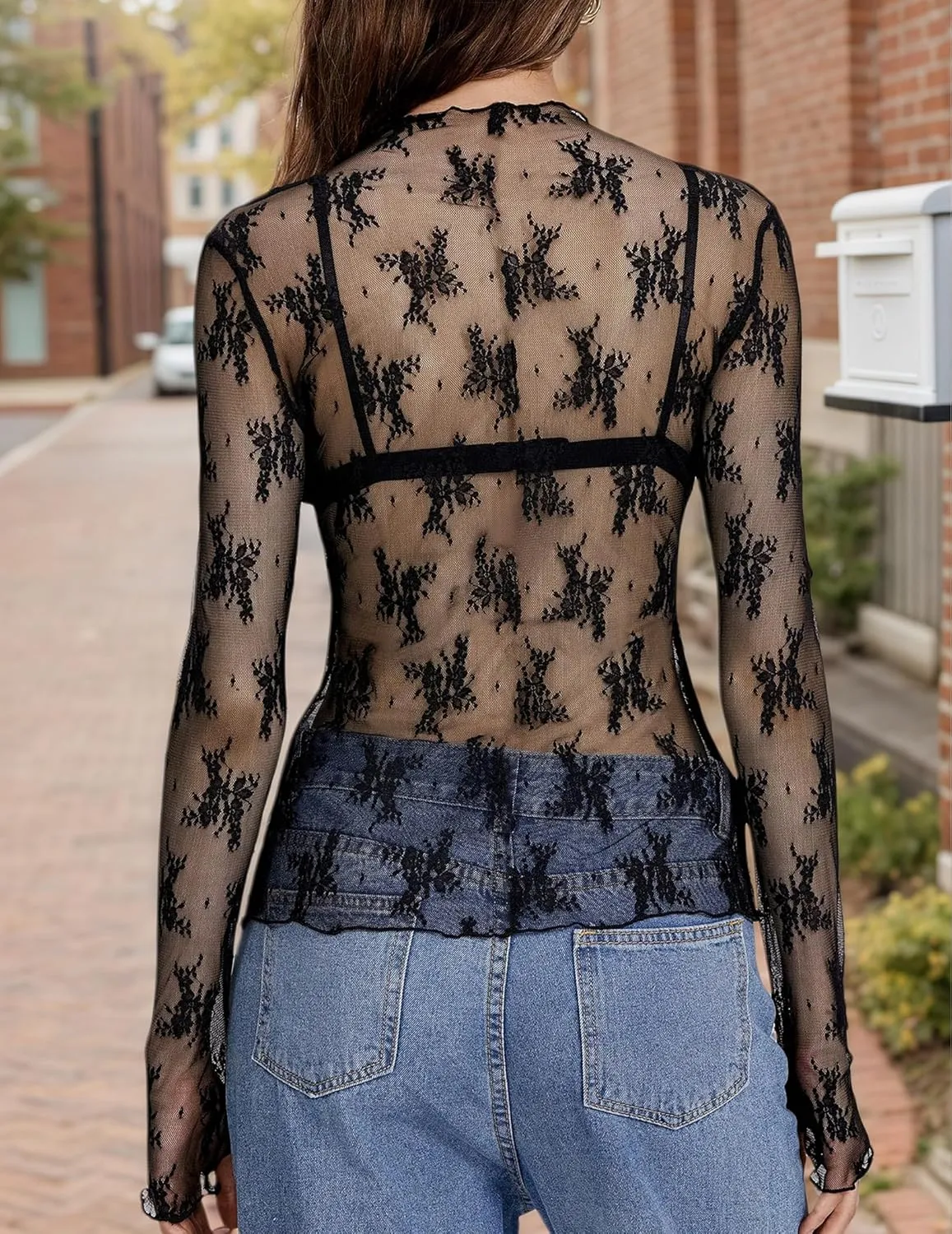 Lace Tops for Women Long Sleeve Mock Neck Mesh Top Sexy Sheer Shirts See Through Floral Blouses