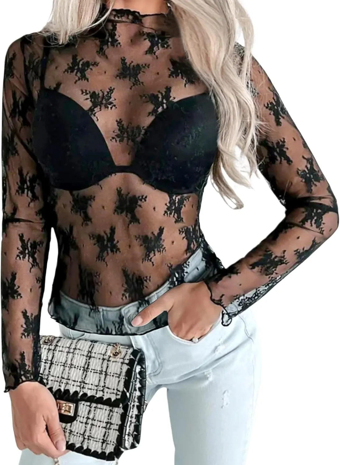 Lace Tops for Women Long Sleeve Mock Neck Mesh Top Sexy Sheer Shirts See Through Floral Blouses
