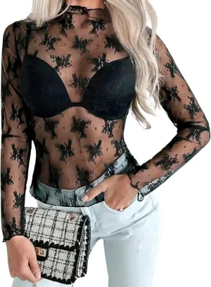 Lace Tops for Women Long Sleeve Mock Neck Mesh Top Sexy Sheer Shirts See Through Floral Blouses