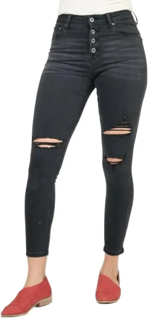 Ladies Button Fly Easy-Rise Black Skinny Jeans (28)