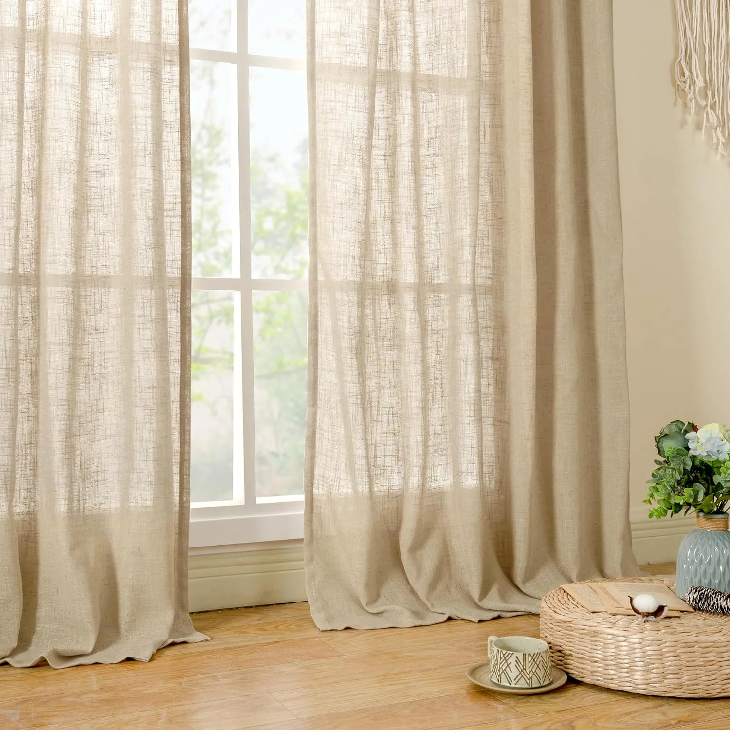 LAMIT 102 Inch Length Light Filtering Sheer Linen Curtains, Linen Textured Semi Sheer Back Tab and Rod Pocket Natural Boho Drapes for Living Room/Farmhouse, 2 Panels, Brown, 52 x 102 Inch