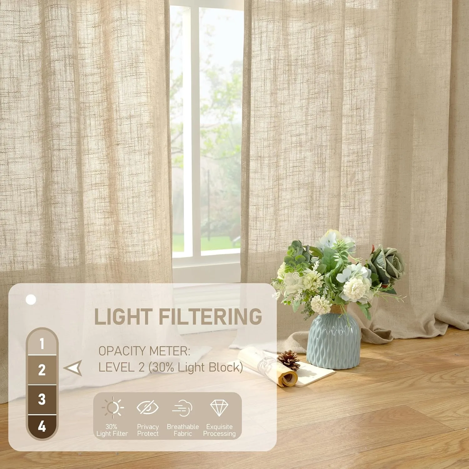 LAMIT 102 Inch Length Light Filtering Sheer Linen Curtains, Linen Textured Semi Sheer Back Tab and Rod Pocket Natural Boho Drapes for Living Room/Farmhouse, 2 Panels, Brown, 52 x 102 Inch