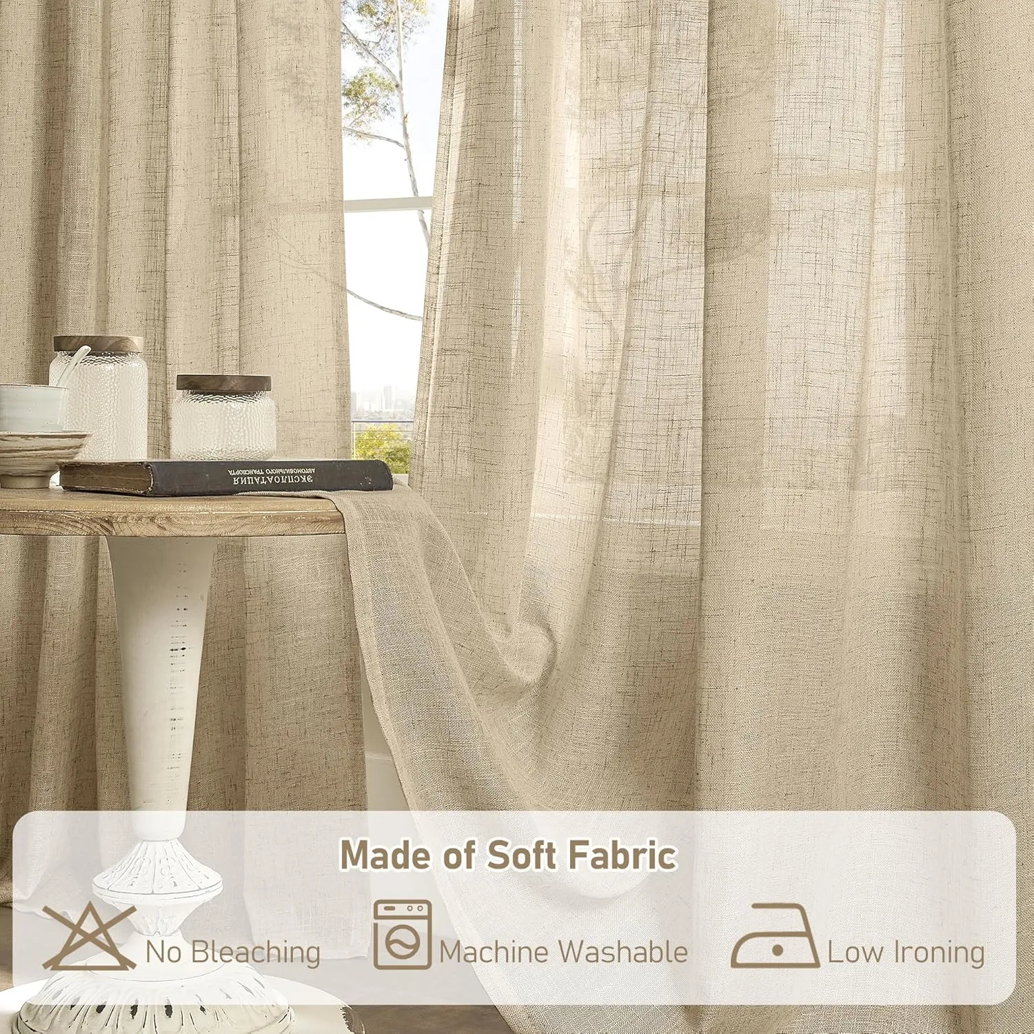 LAMIT 102 Inch Length Light Filtering Sheer Linen Curtains, Linen Textured Semi Sheer Back Tab and Rod Pocket Natural Boho Drapes for Living Room/Farmhouse, 2 Panels, Brown, 52 x 102 Inch
