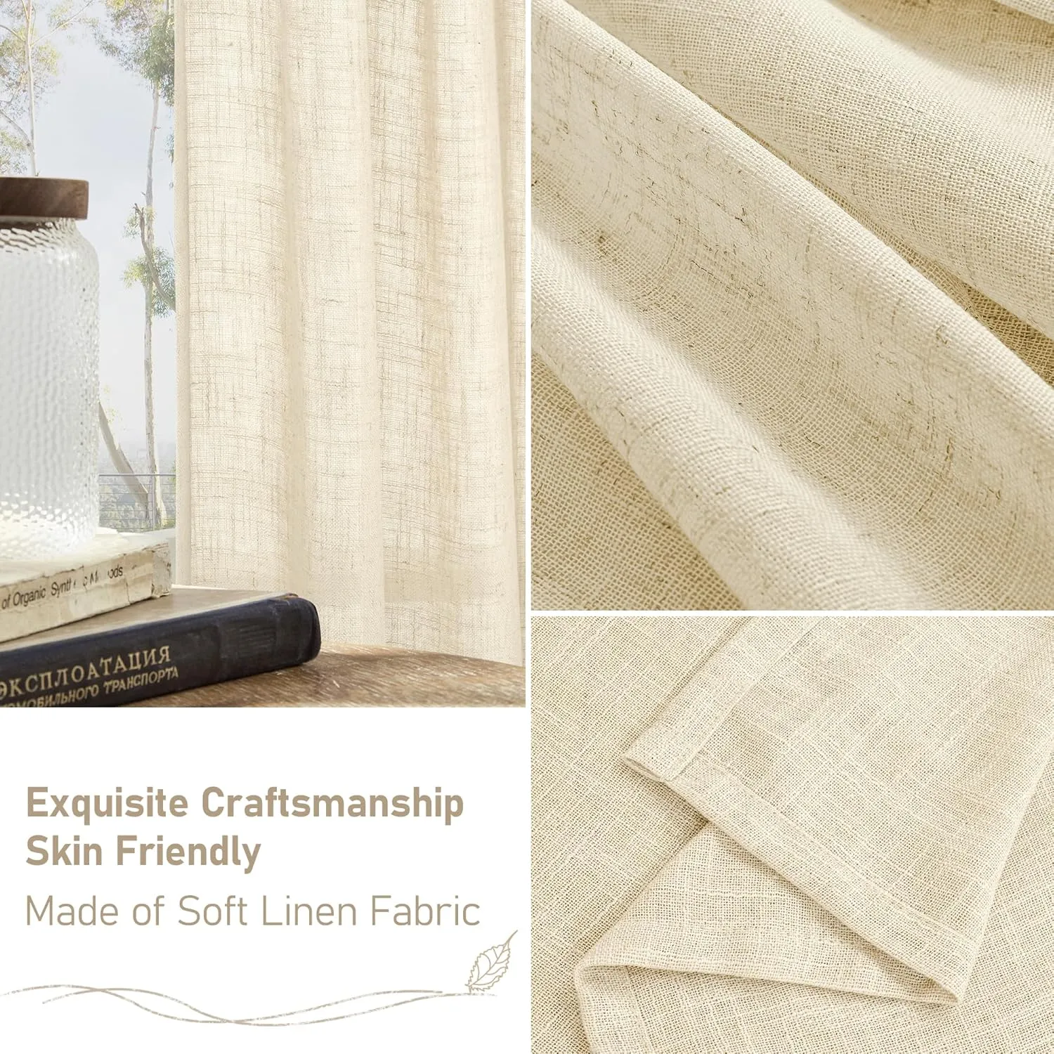 LAMIT 102 inches Long Sheer Linen Curtains, Linen Textured Light Filtering Semi Sheer Back Tab and Rod Pocket Natural Boho Drapes for Living Room/Farmhouse, 2 Panels, Beige, 52 x 102 Inch