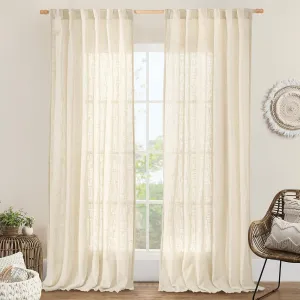 LAMIT 102 inches Long Sheer Linen Curtains, Linen Textured Light Filtering Semi Sheer Back Tab and Rod Pocket Natural Boho Drapes for Living Room/Farmhouse, 2 Panels, Beige, 52 x 102 Inch