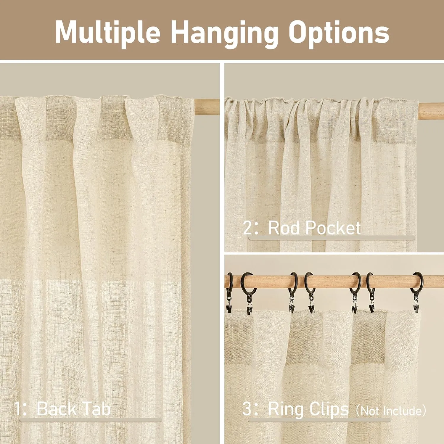LAMIT 102 inches Long Sheer Linen Curtains, Linen Textured Light Filtering Semi Sheer Back Tab and Rod Pocket Natural Boho Drapes for Living Room/Farmhouse, 2 Panels, Beige, 52 x 102 Inch