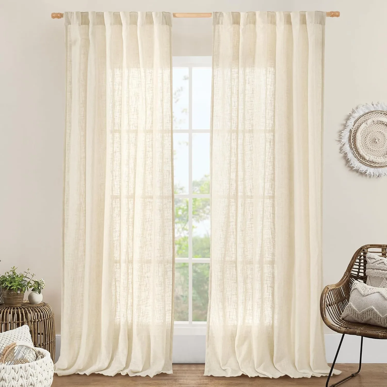 LAMIT 102 inches Long Sheer Linen Curtains, Linen Textured Light Filtering Semi Sheer Back Tab and Rod Pocket Natural Boho Drapes for Living Room/Farmhouse, 2 Panels, Beige, 52 x 102 Inch