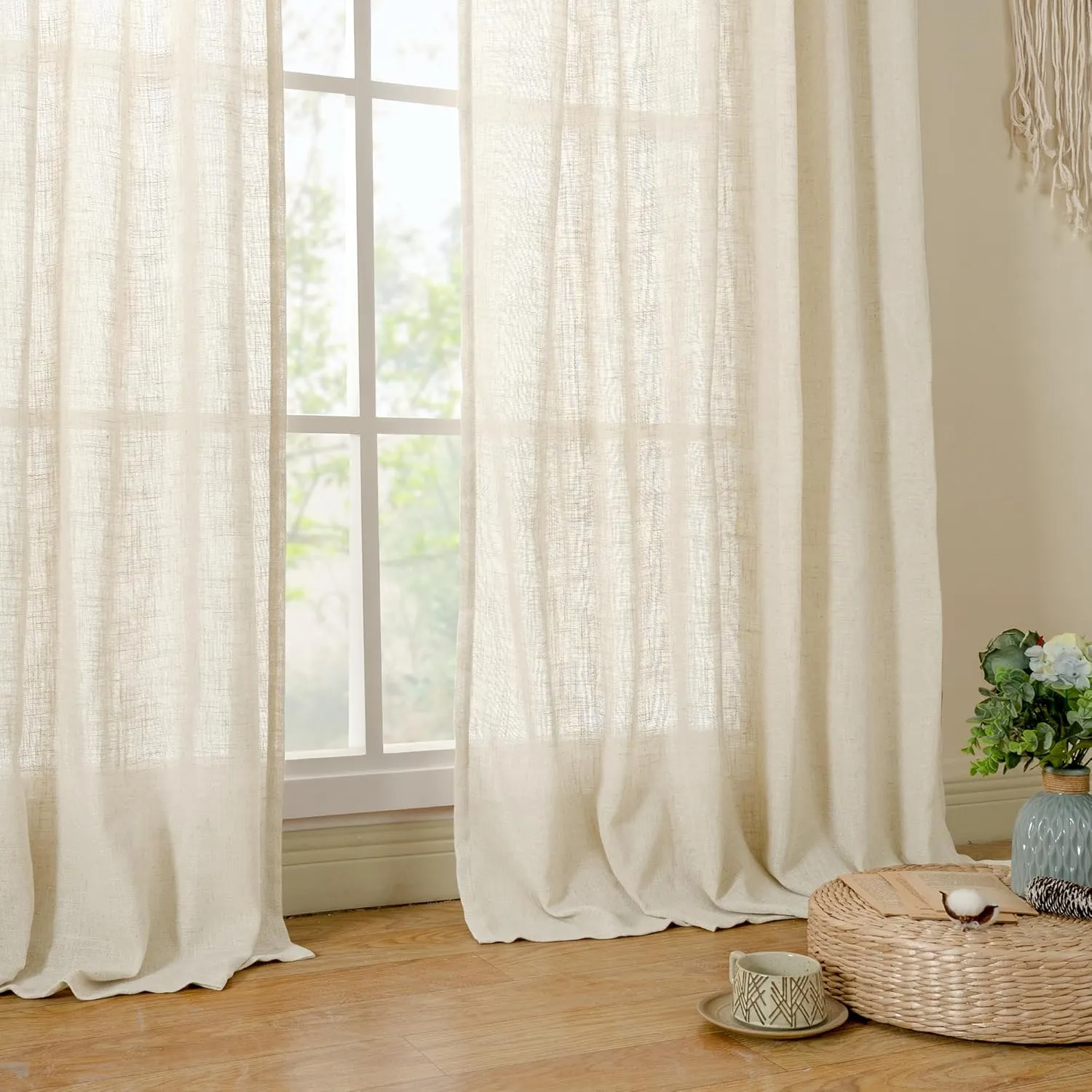 LAMIT 102 inches Long Sheer Linen Curtains, Linen Textured Light Filtering Semi Sheer Back Tab and Rod Pocket Natural Boho Drapes for Living Room/Farmhouse, 2 Panels, Beige, 52 x 102 Inch