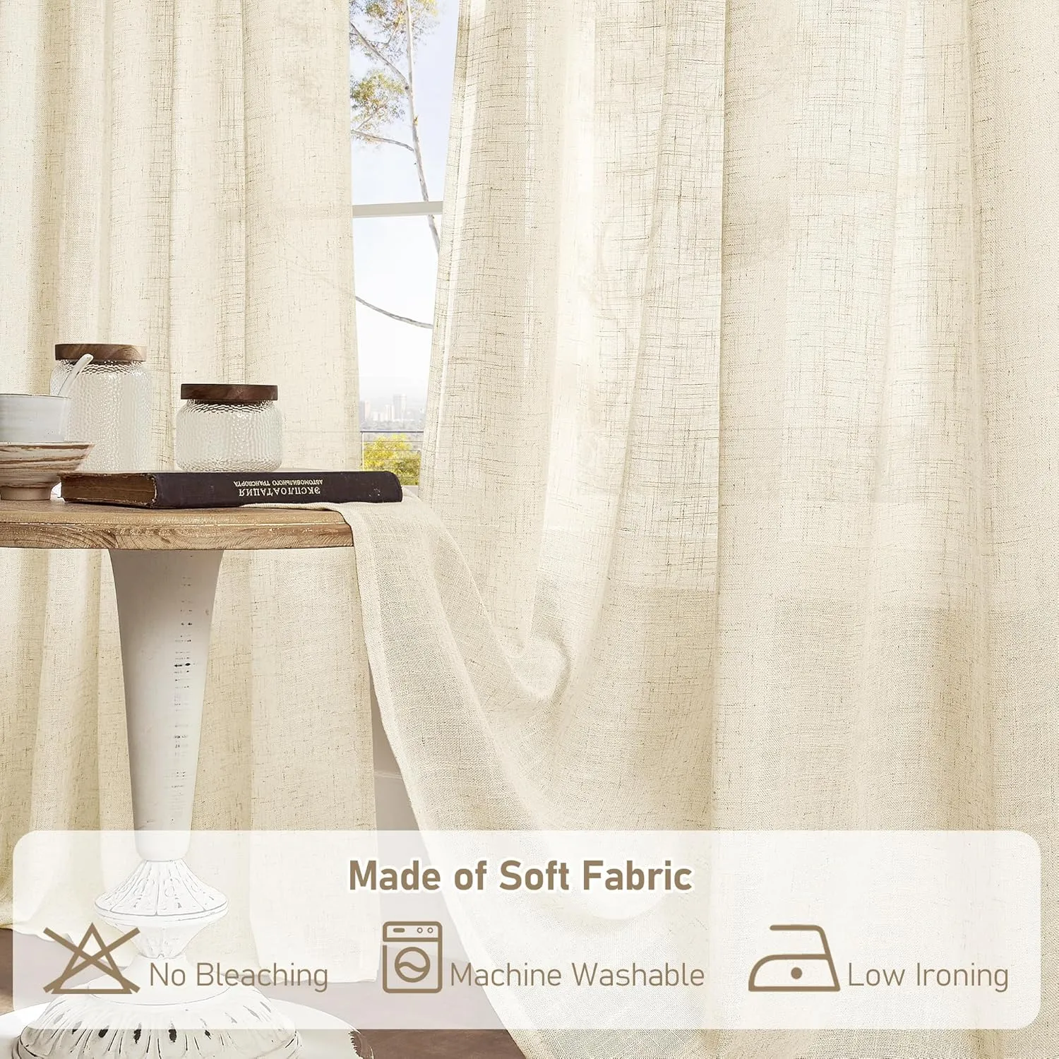 LAMIT 102 inches Long Sheer Linen Curtains, Linen Textured Light Filtering Semi Sheer Back Tab and Rod Pocket Natural Boho Drapes for Living Room/Farmhouse, 2 Panels, Beige, 52 x 102 Inch