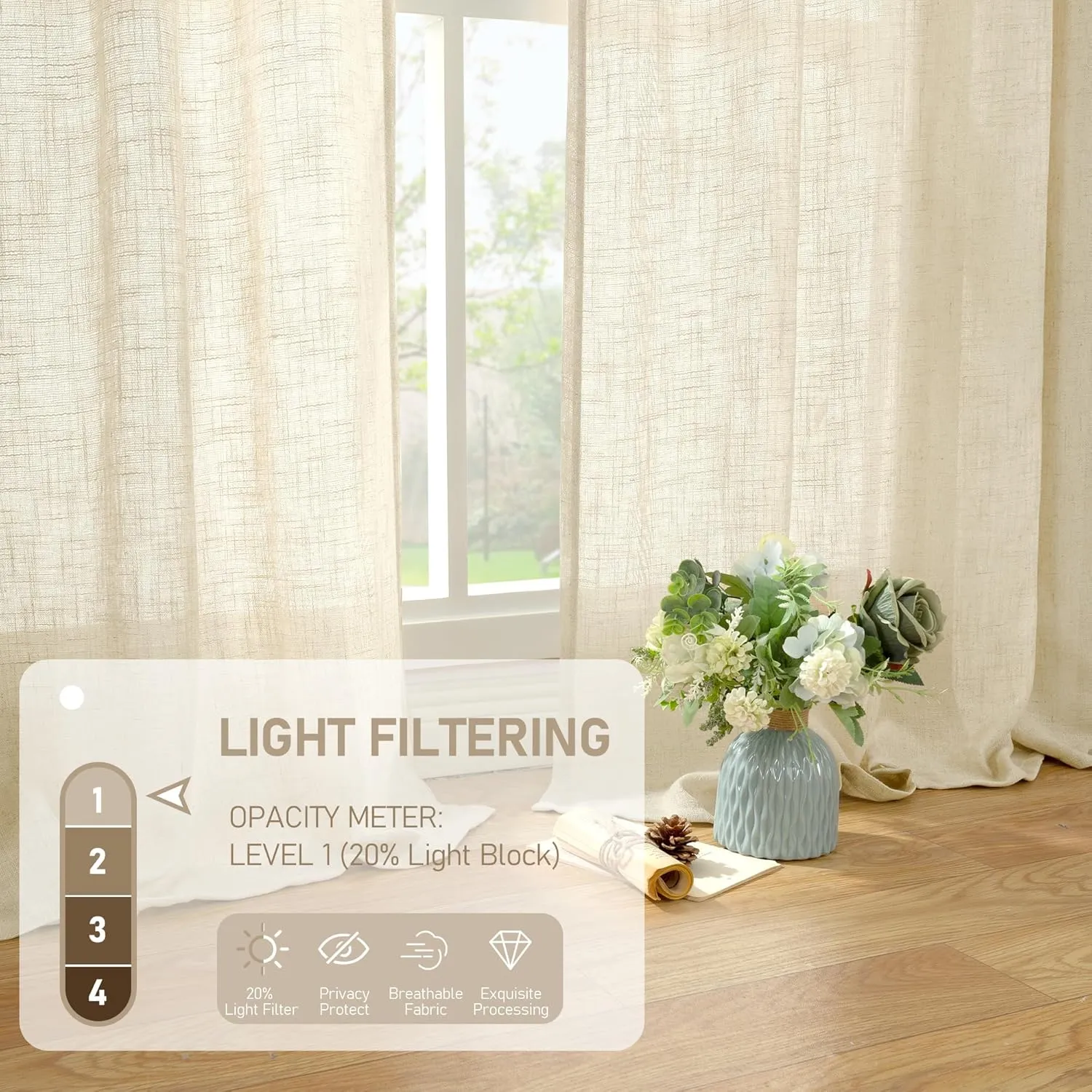 LAMIT 102 inches Long Sheer Linen Curtains, Linen Textured Light Filtering Semi Sheer Back Tab and Rod Pocket Natural Boho Drapes for Living Room/Farmhouse, 2 Panels, Beige, 52 x 102 Inch