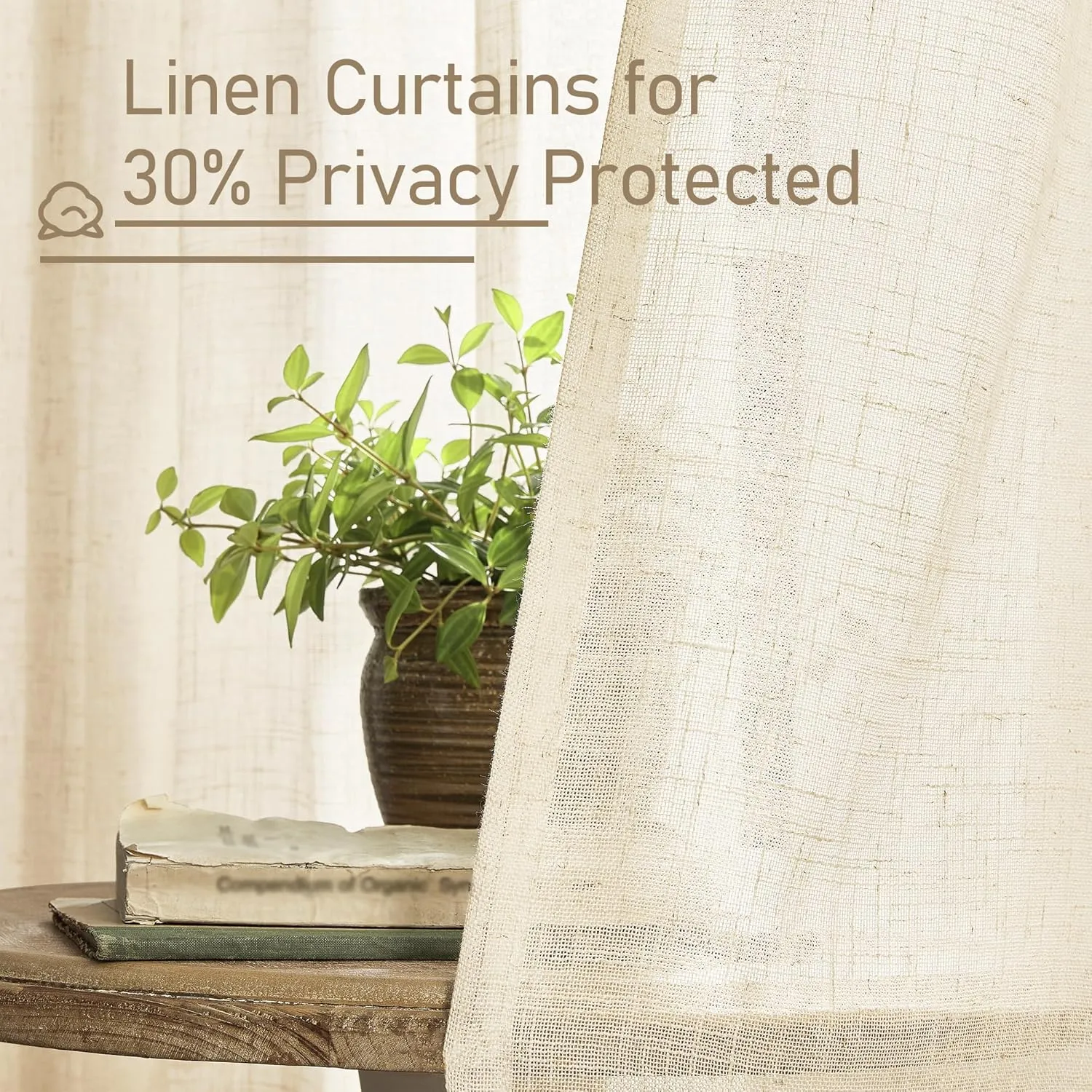 LAMIT 102 inches Long Sheer Linen Curtains, Linen Textured Light Filtering Semi Sheer Back Tab and Rod Pocket Natural Boho Drapes for Living Room/Farmhouse, 2 Panels, Beige, 52 x 102 Inch