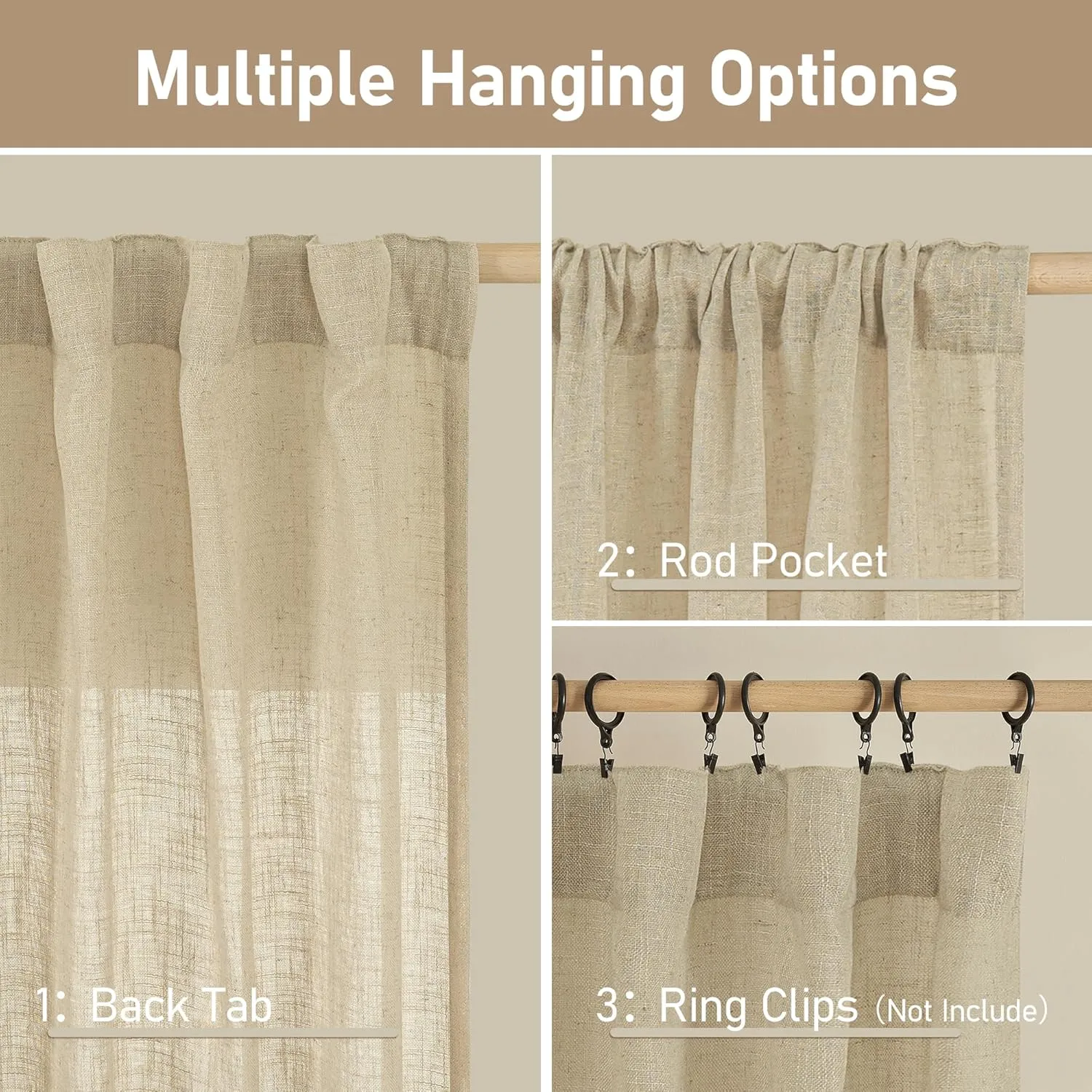 LAMIT Light Filtering Sheer Linen Curtains 102 inches Long, Linen Textured Semi Sheer Back Tab and Rod Pocket Natural Boho Drapes for Living Room/Farmhouse, 2 Panels, Linen, 52 x 102 Inch