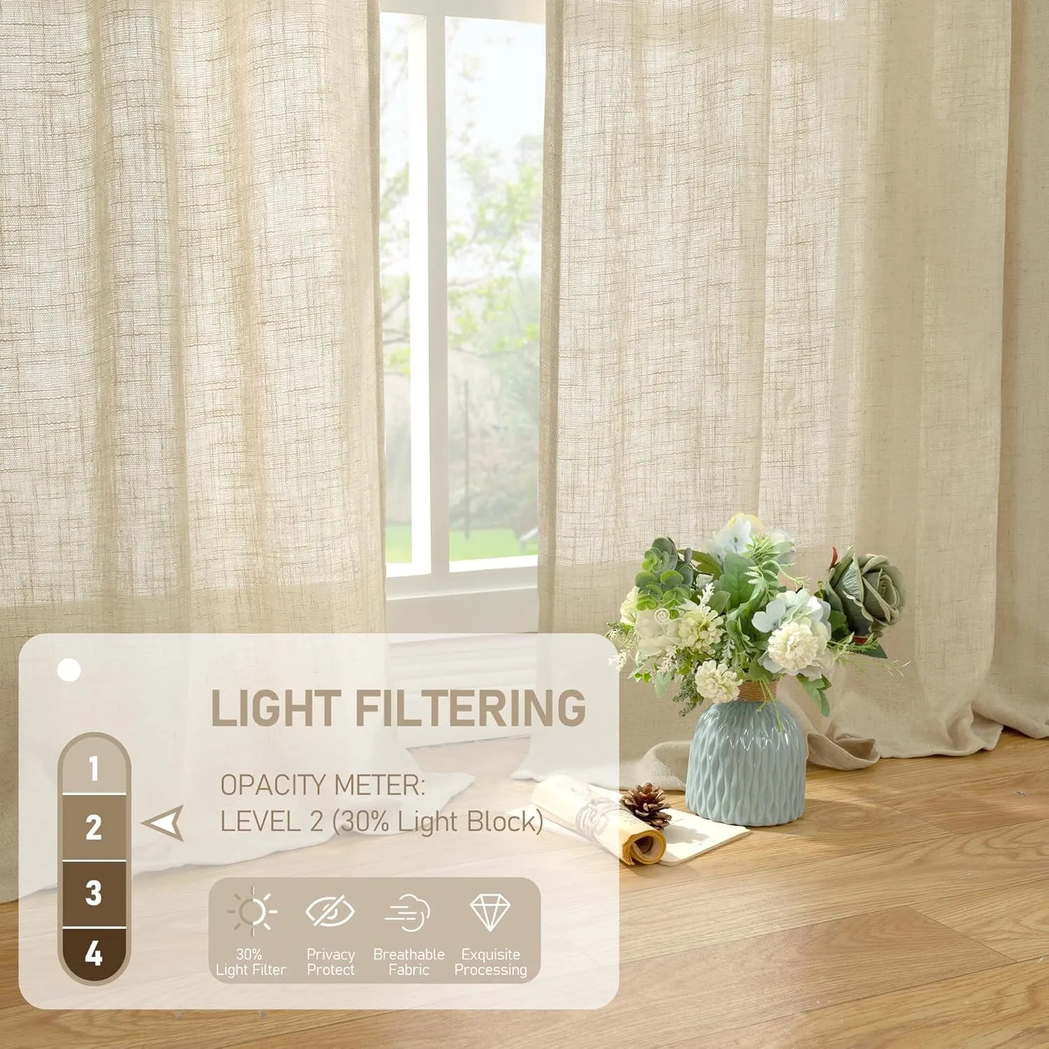 LAMIT Light Filtering Sheer Linen Curtains 102 inches Long, Linen Textured Semi Sheer Back Tab and Rod Pocket Natural Boho Drapes for Living Room/Farmhouse, 2 Panels, Linen, 52 x 102 Inch