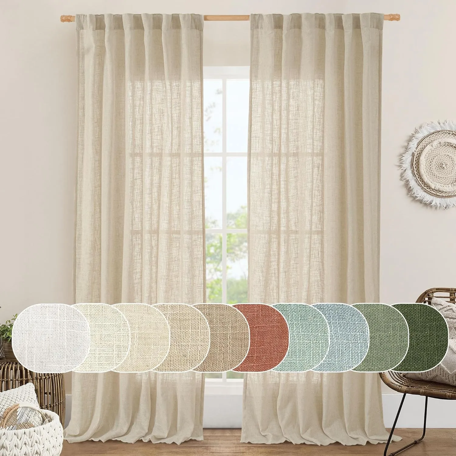 LAMIT Light Filtering Sheer Linen Curtains 102 inches Long, Linen Textured Semi Sheer Back Tab and Rod Pocket Natural Boho Drapes for Living Room/Farmhouse, 2 Panels, Linen, 52 x 102 Inch