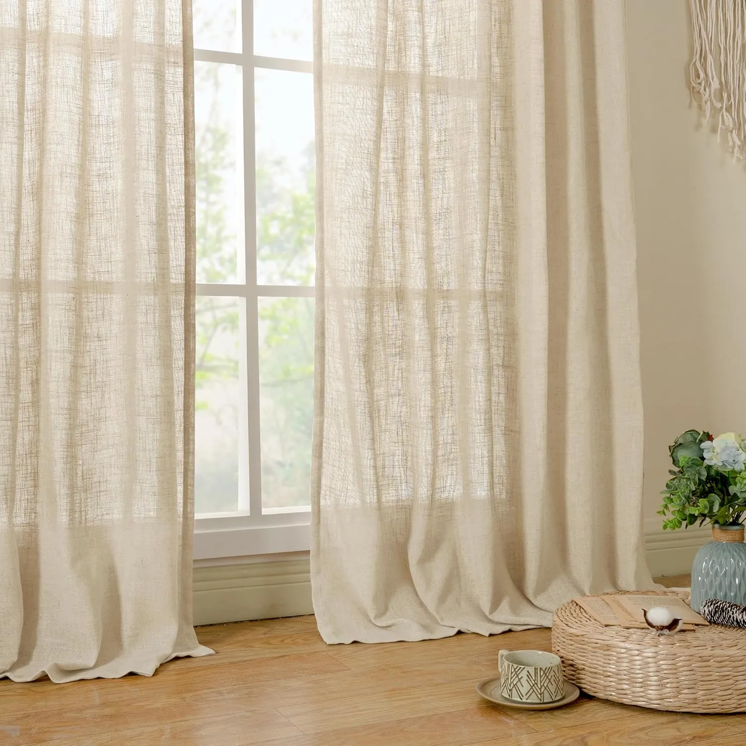 LAMIT Light Filtering Sheer Linen Curtains 102 inches Long, Linen Textured Semi Sheer Back Tab and Rod Pocket Natural Boho Drapes for Living Room/Farmhouse, 2 Panels, Linen, 52 x 102 Inch