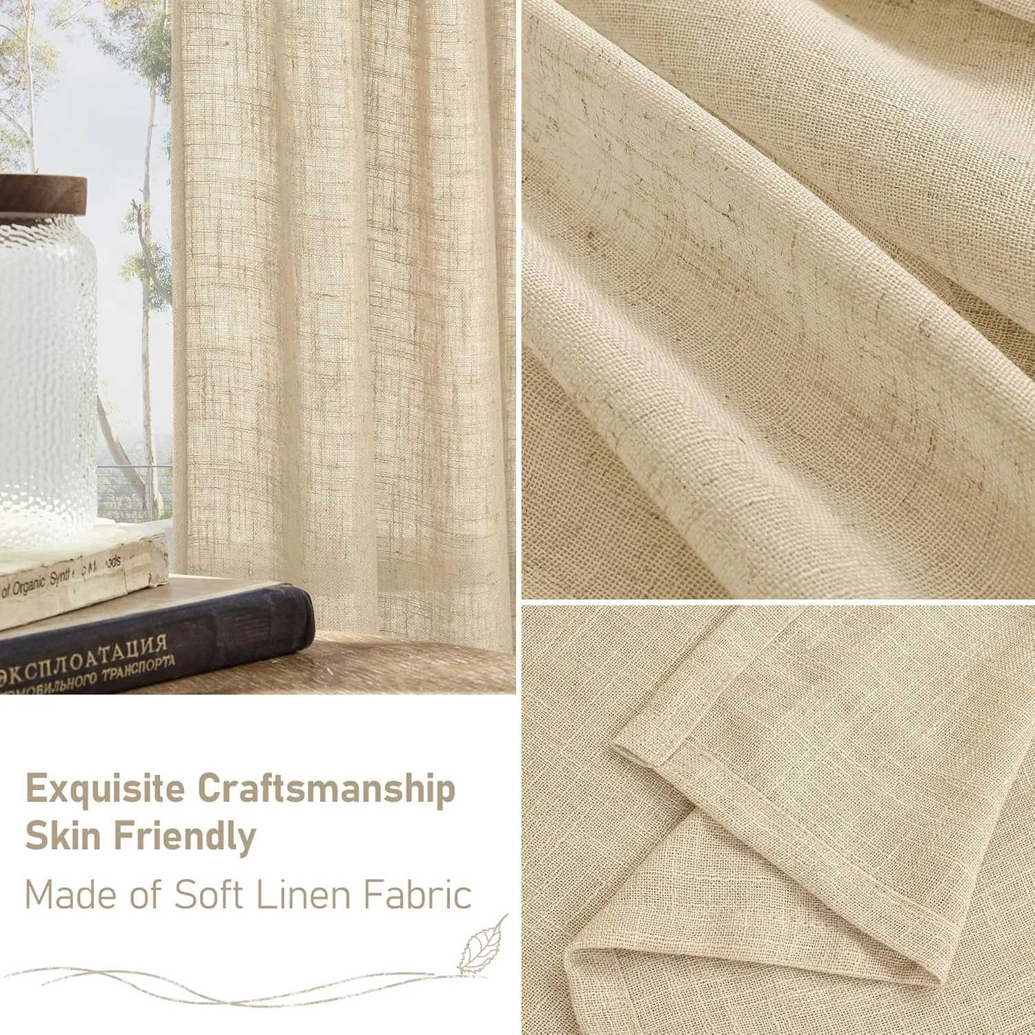 LAMIT Light Filtering Sheer Linen Curtains 102 inches Long, Linen Textured Semi Sheer Back Tab and Rod Pocket Natural Boho Drapes for Living Room/Farmhouse, 2 Panels, Linen, 52 x 102 Inch