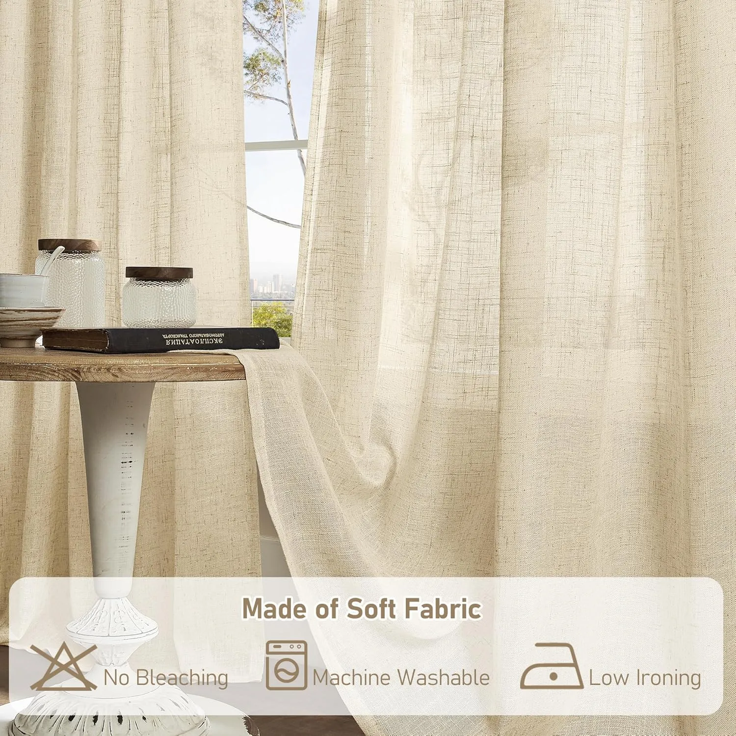 LAMIT Linen Curtains 63 Inch for Bedroom, Light Filtering Neutral Semi Sheer Window Curtains Back Tab and Rod Pocket Living Room Panels, 2 Panels, Linen, 60 x 63 Inch