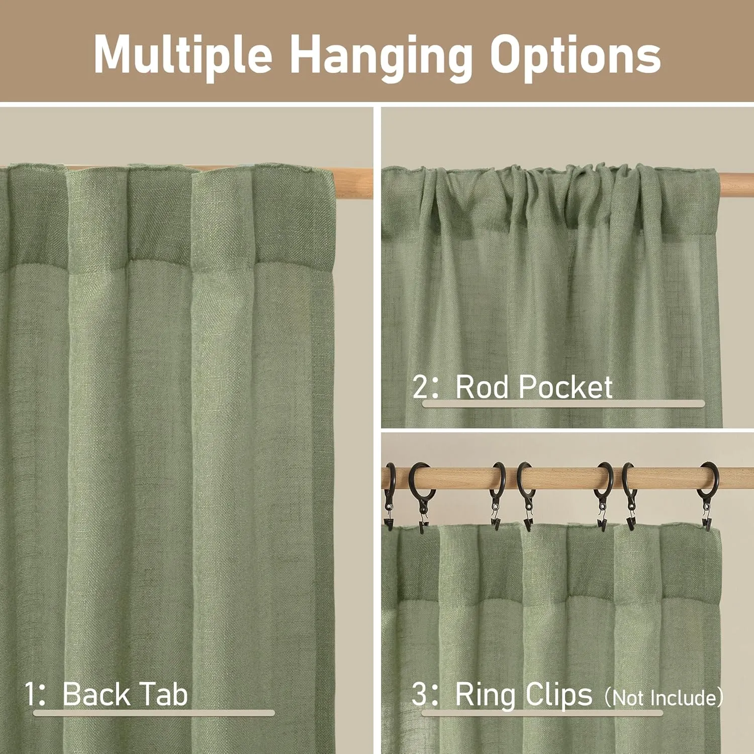 LAMIT Sheer Linen Curtains for Living Room, Back Tab and Rod Pocket Sage Green Curtains Light Filtering Country Rustic Neutral Drapes for Bedroom/Farmhouse, 2 Panels, 52 x 102 Inch
