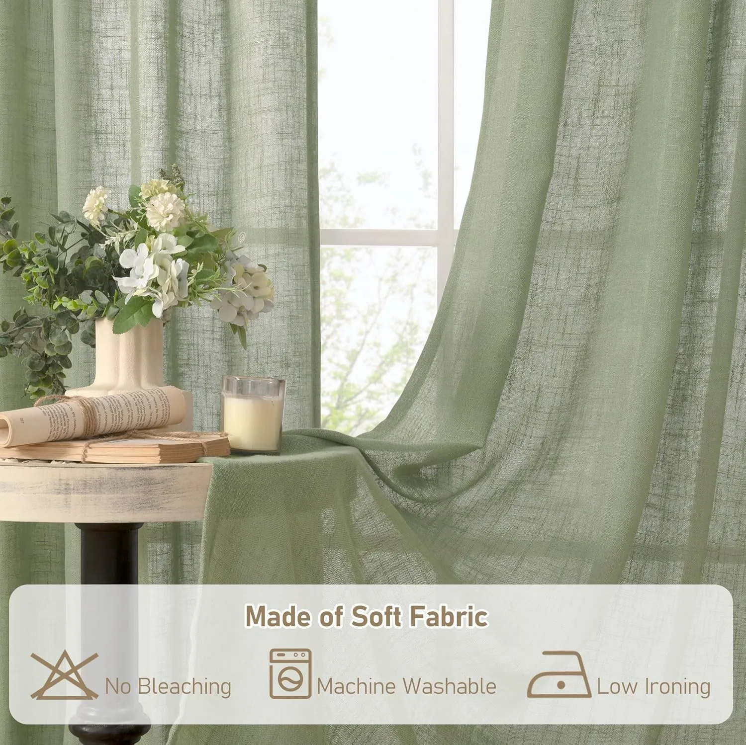LAMIT Sheer Linen Curtains for Living Room, Back Tab and Rod Pocket Sage Green Curtains Light Filtering Country Rustic Neutral Drapes for Bedroom/Farmhouse, 2 Panels, 52 x 102 Inch