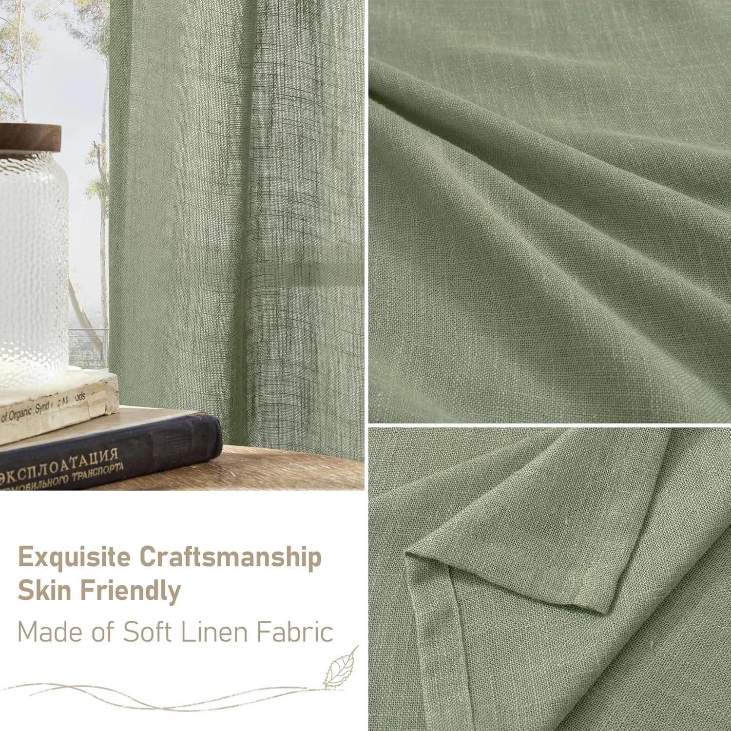 LAMIT Sheer Linen Curtains for Living Room, Back Tab and Rod Pocket Sage Green Curtains Light Filtering Country Rustic Neutral Drapes for Bedroom/Farmhouse, 2 Panels, 52 x 102 Inch