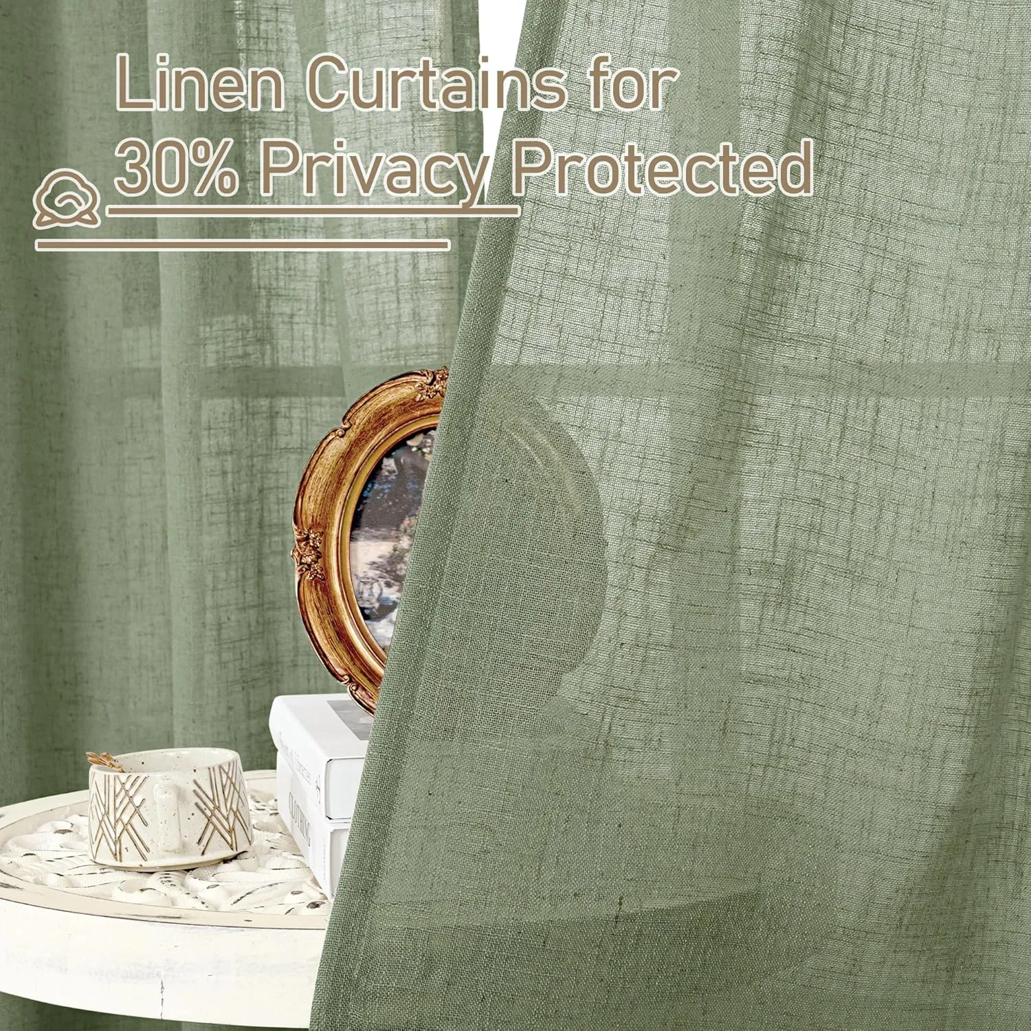 LAMIT Sheer Linen Curtains for Living Room, Back Tab and Rod Pocket Sage Green Curtains Light Filtering Country Rustic Neutral Drapes for Bedroom/Farmhouse, 2 Panels, 52 x 102 Inch