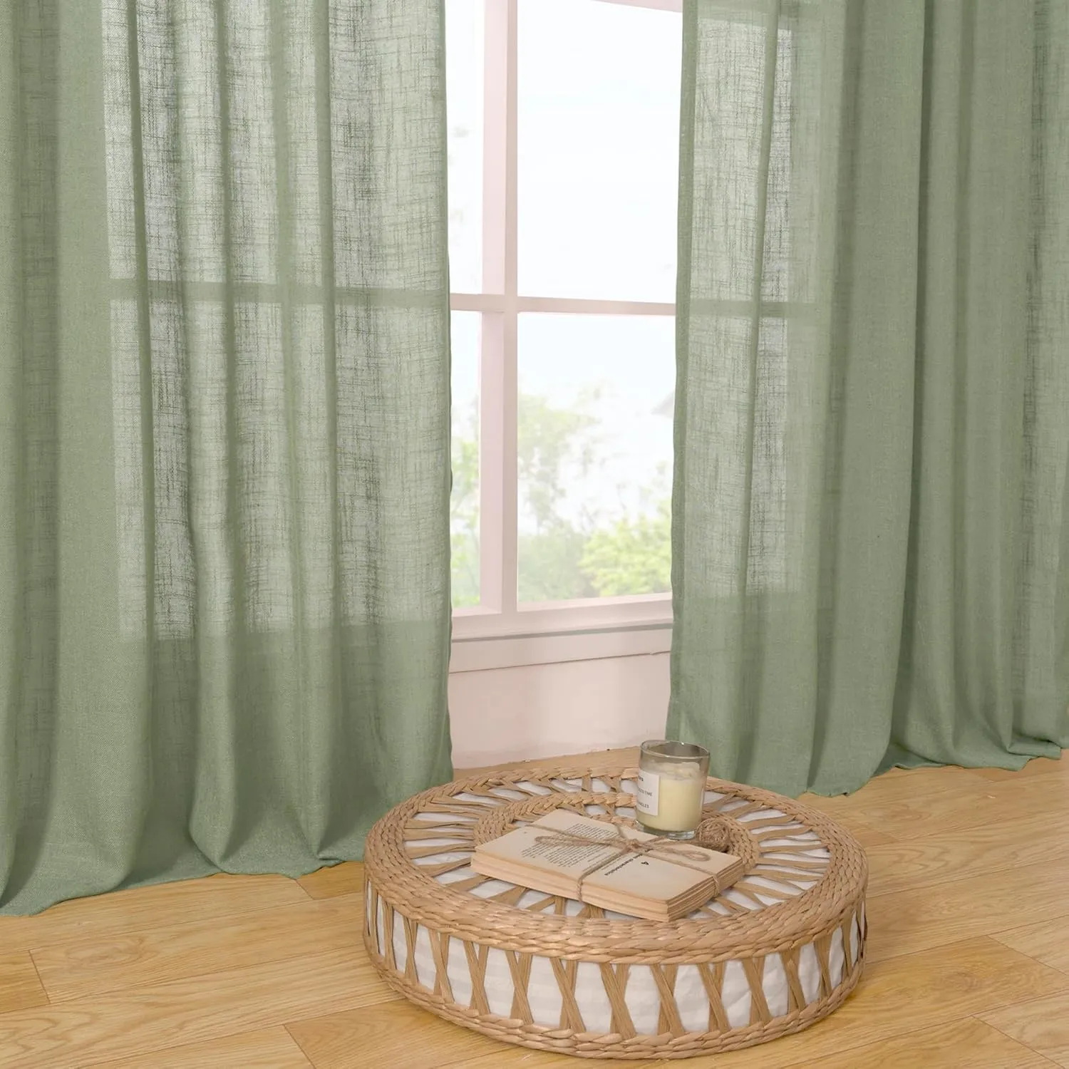 LAMIT Sheer Linen Curtains for Living Room, Back Tab and Rod Pocket Sage Green Curtains Light Filtering Country Rustic Neutral Drapes for Bedroom/Farmhouse, 2 Panels, 52 x 102 Inch