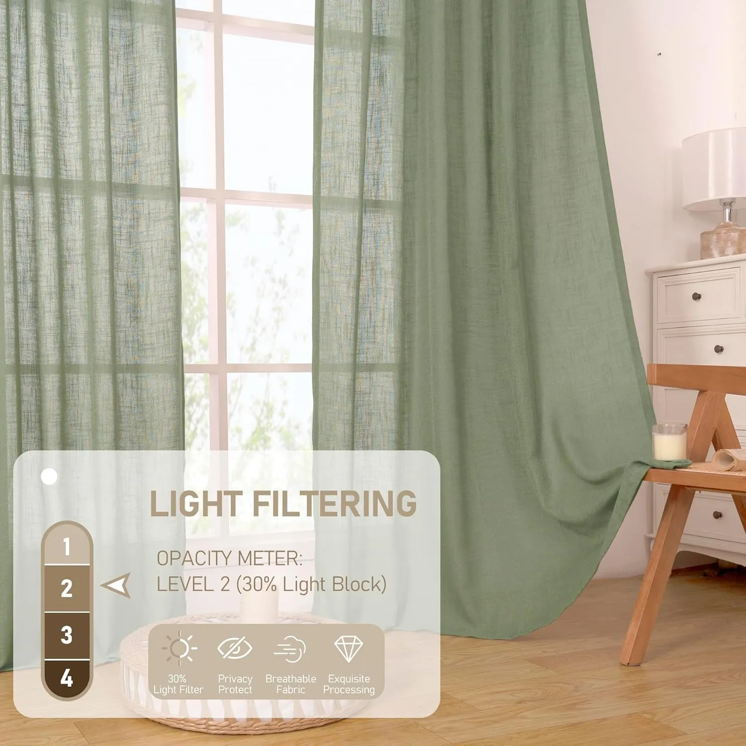 LAMIT Sheer Linen Curtains for Living Room, Back Tab and Rod Pocket Sage Green Curtains Light Filtering Country Rustic Neutral Drapes for Bedroom/Farmhouse, 2 Panels, 52 x 102 Inch