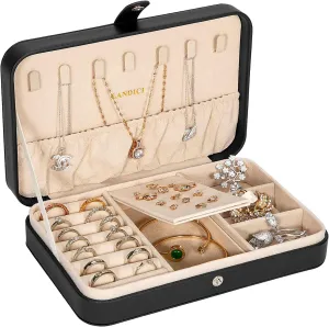 LANDICI Small Jewelry Box for Women Girls, PU Leather Travel Jewelry Case, Portable Jewelry Organizer Storage Holder Display for Ring Earrings Necklace Bracelet Bangle Men Kids Gift, Black