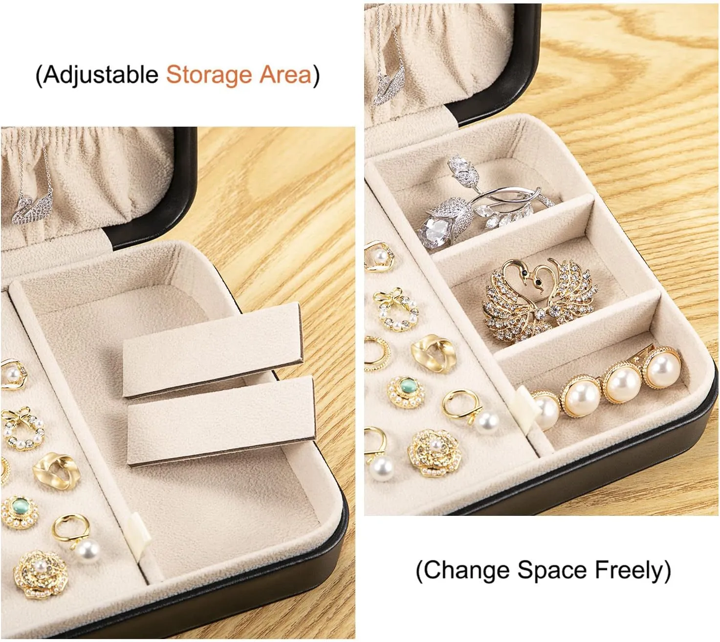 LANDICI Small Jewelry Box for Women Girls, PU Leather Travel Jewelry Case, Portable Jewelry Organizer Storage Holder Display for Ring Earrings Necklace Bracelet Bangle Men Kids Gift, Black