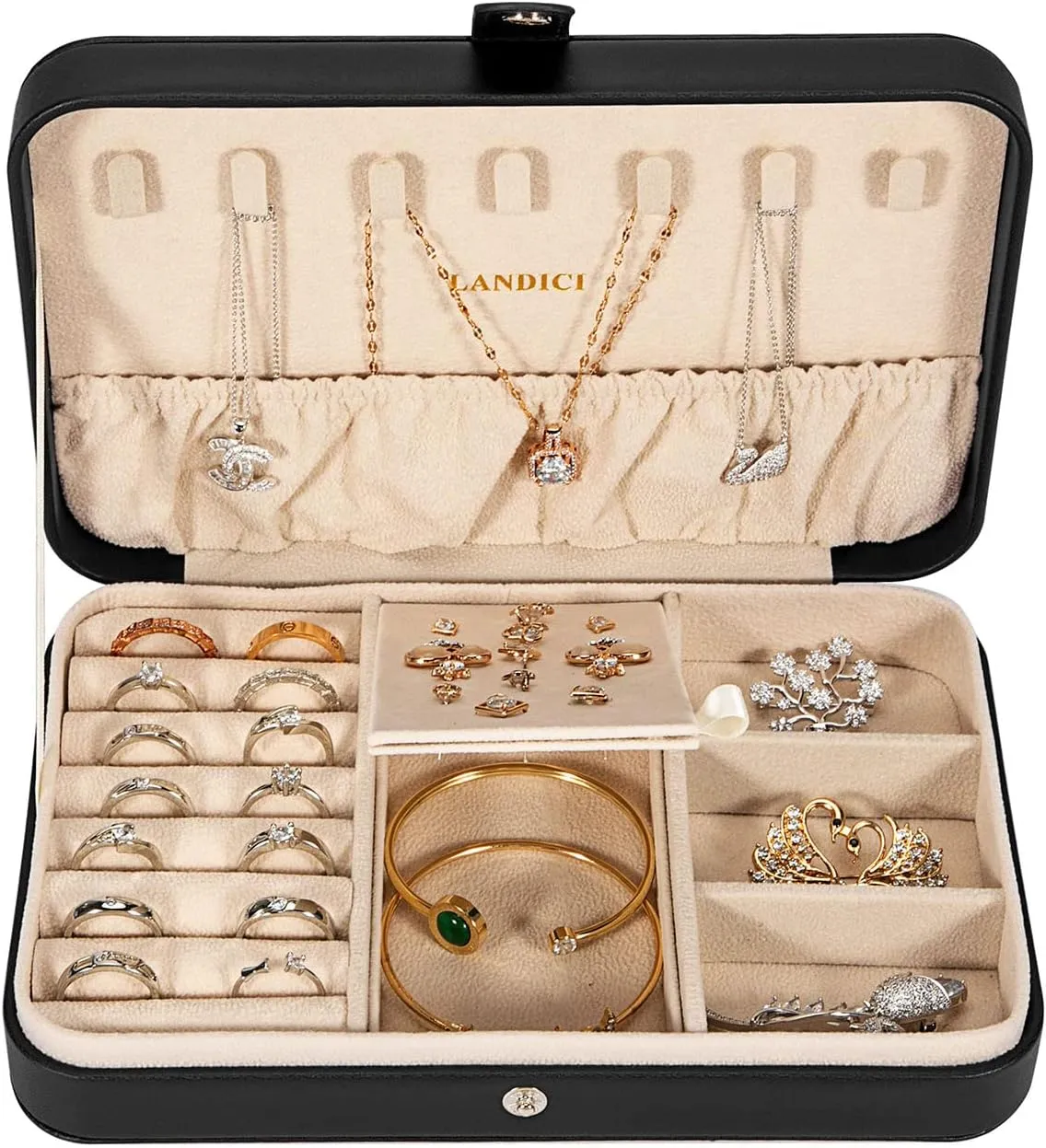 LANDICI Small Jewelry Box for Women Girls, PU Leather Travel Jewelry Case, Portable Jewelry Organizer Storage Holder Display for Ring Earrings Necklace Bracelet Bangle Men Kids Gift, Black