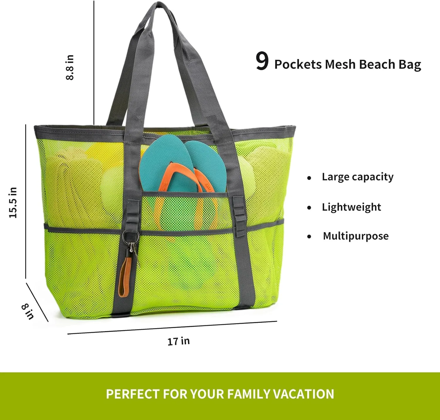 Large Mesh Beach Tote Bags for Sand Toys, Family Travel, Grocery, Reusable Shopping